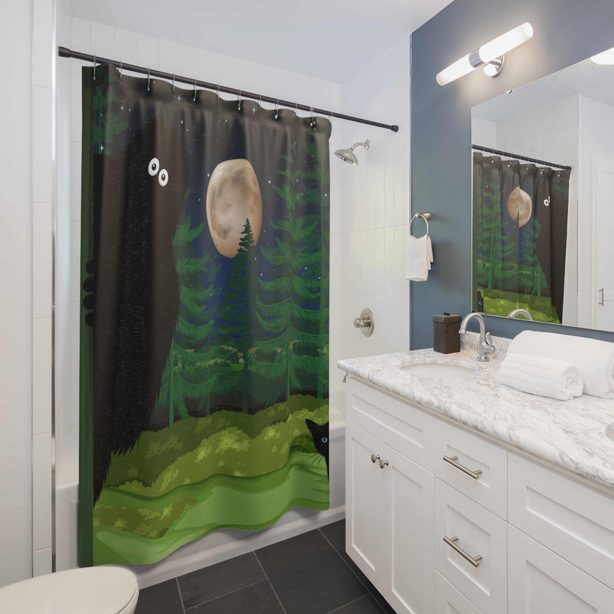 Bigfoot & Cat Midnight Forest Shower Curtain