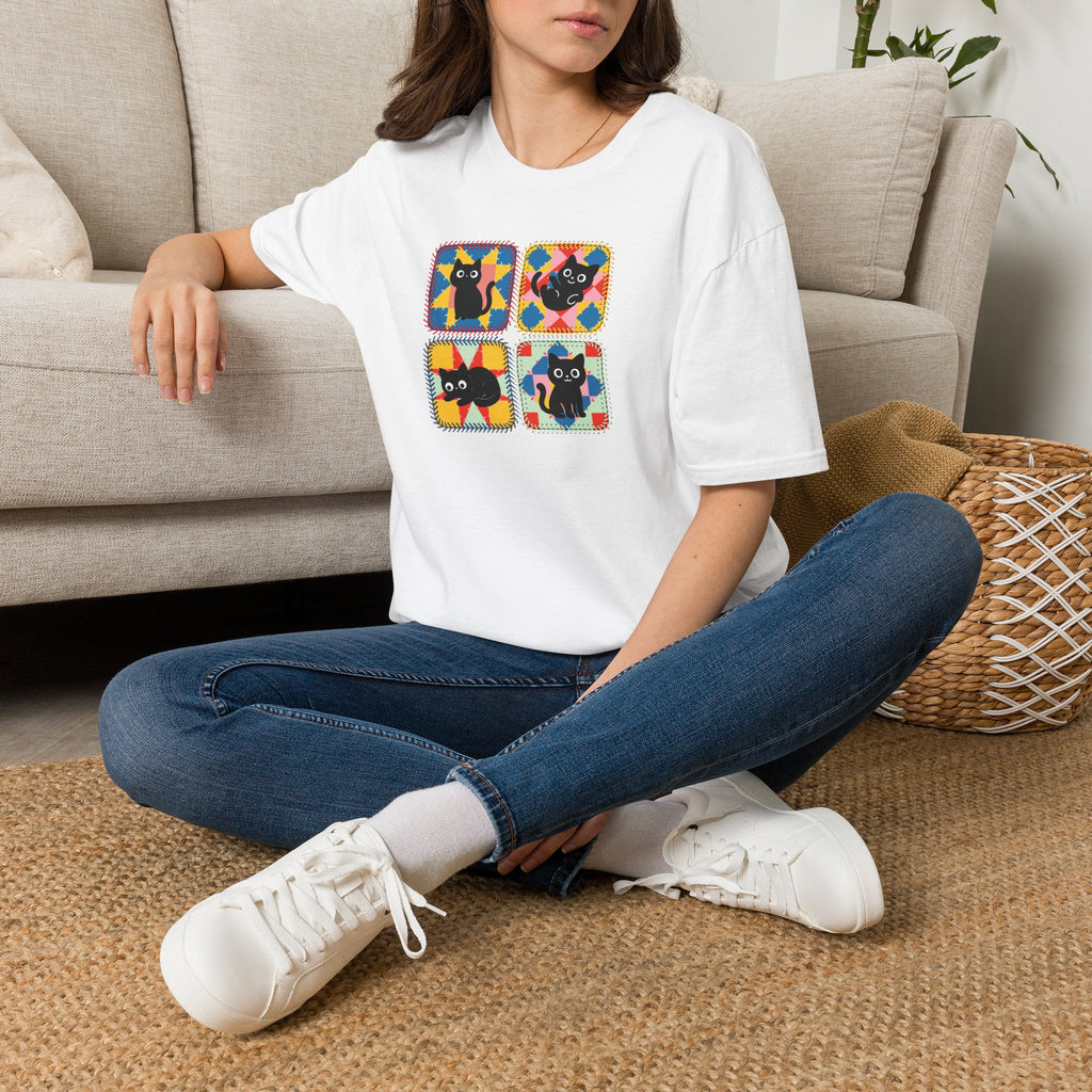 Patchwork Black Cats T-Shirt | Colorful Quilt Cat Lover Graphic Tee