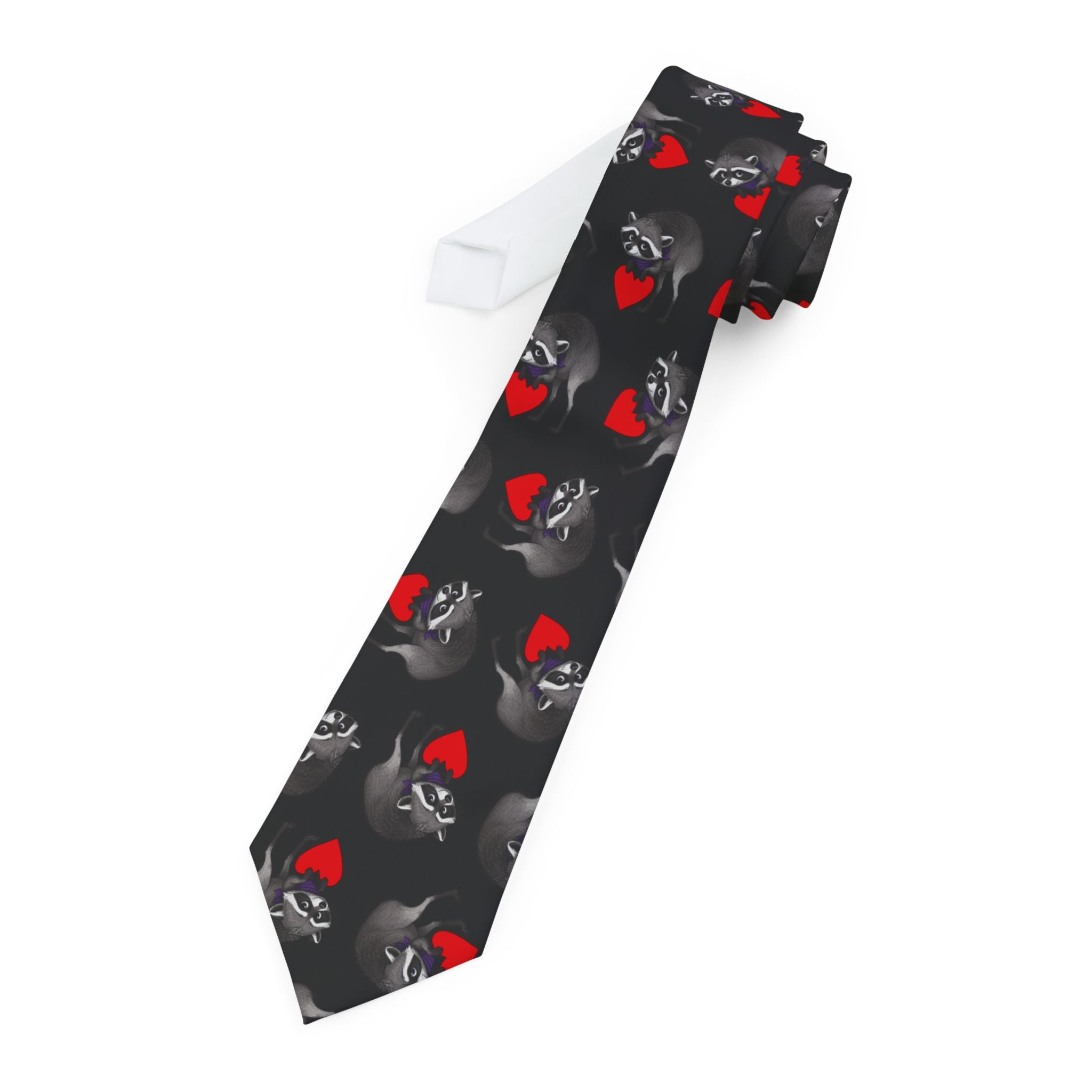 Jimothy Heartbreaker Slim Necktie | Black Raccoon and Red Heart Tie