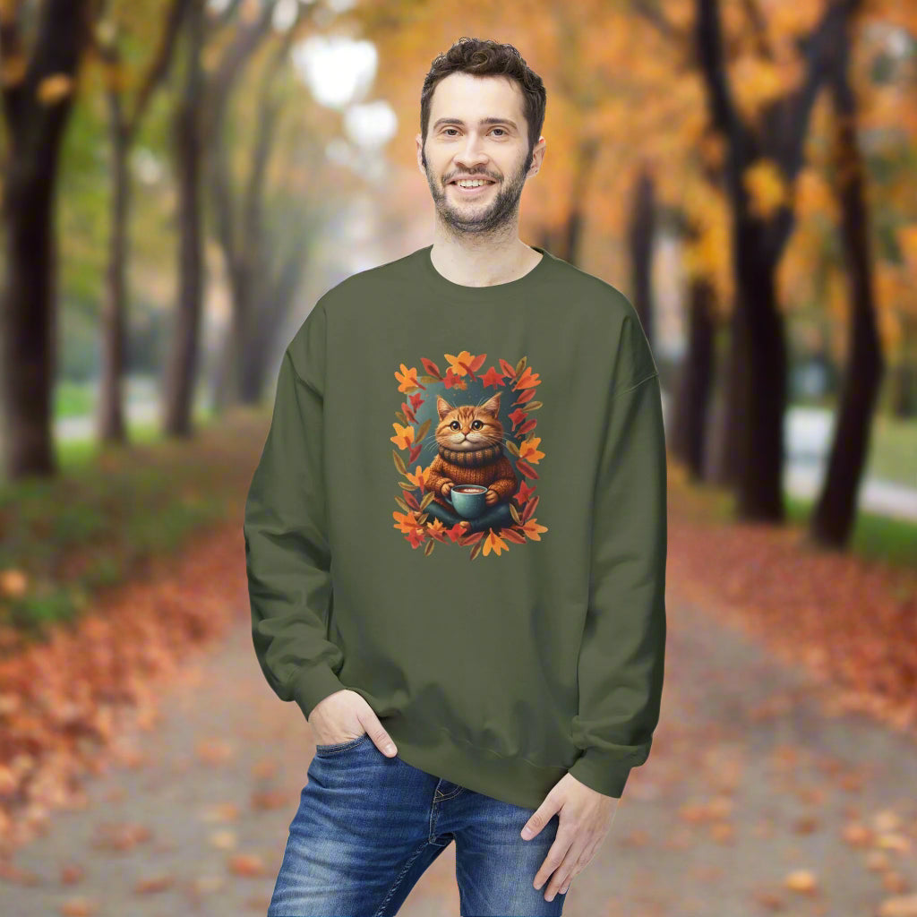Whimsical Fall Fleece Kitty Sweatshirt, Cozy Autumn Apparel