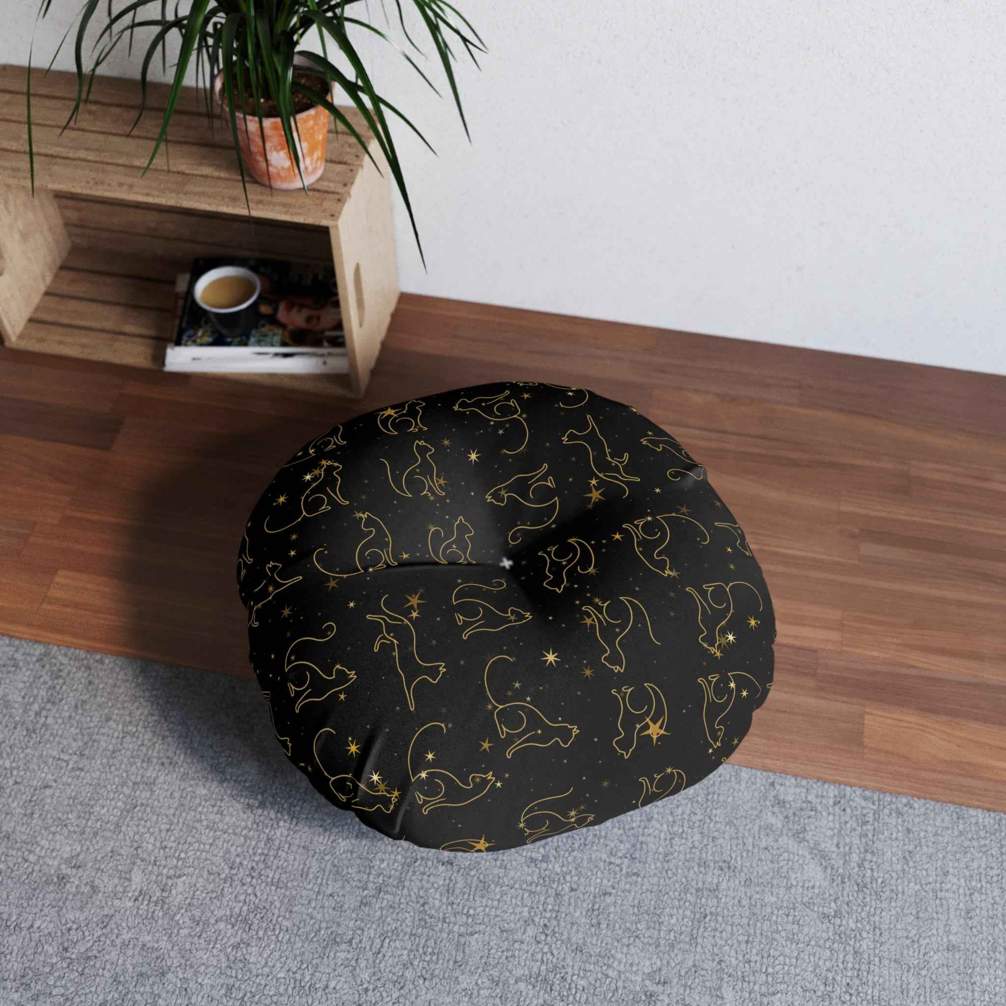 Gold Foil Line-Art Cats Tufted Floor Pillow – Black