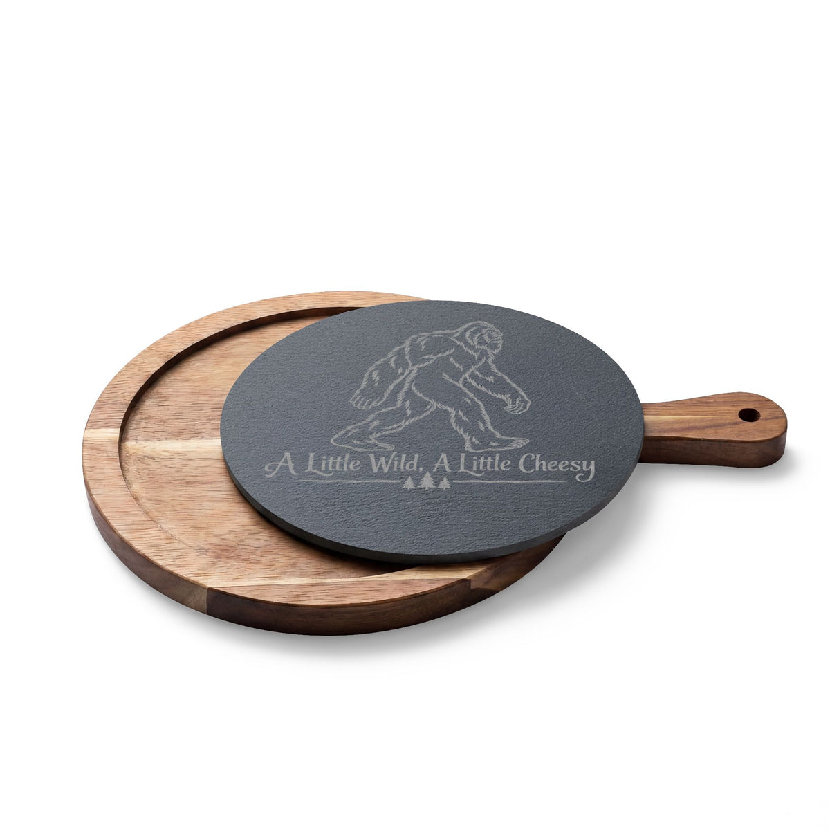 Bigfoot Charcuterie Board | A Little Wild, A Little Cheesy | Engraved Slate & Acacia Wood Cheese Board