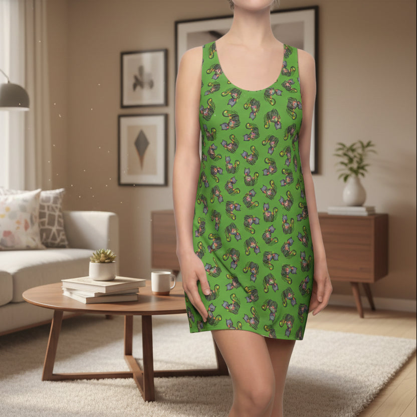 Green WhimsiCat Racerback Dress – Lightweight Athletic Cat Print Dress