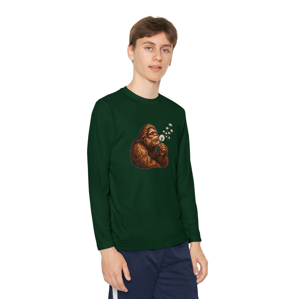 Bigfoot Blowing Dandelion Youth Long Sleeve Tee | Kids Sasquatch Shirt