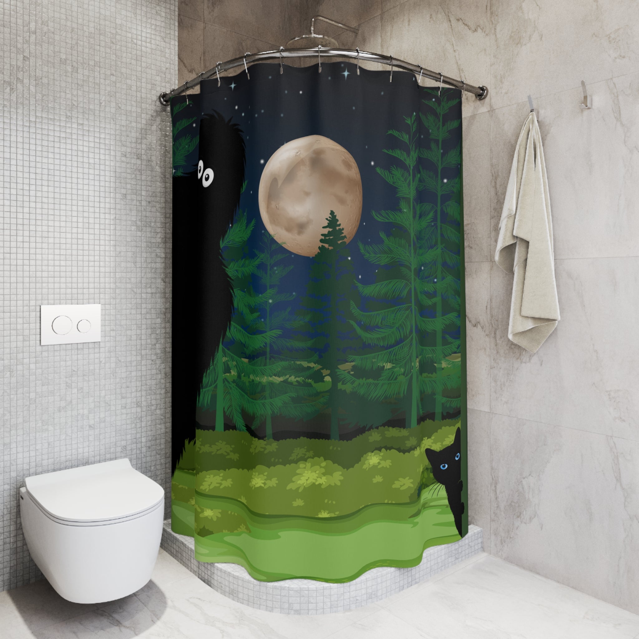 Bigfoot & Cat Midnight Forest Shower Curtain