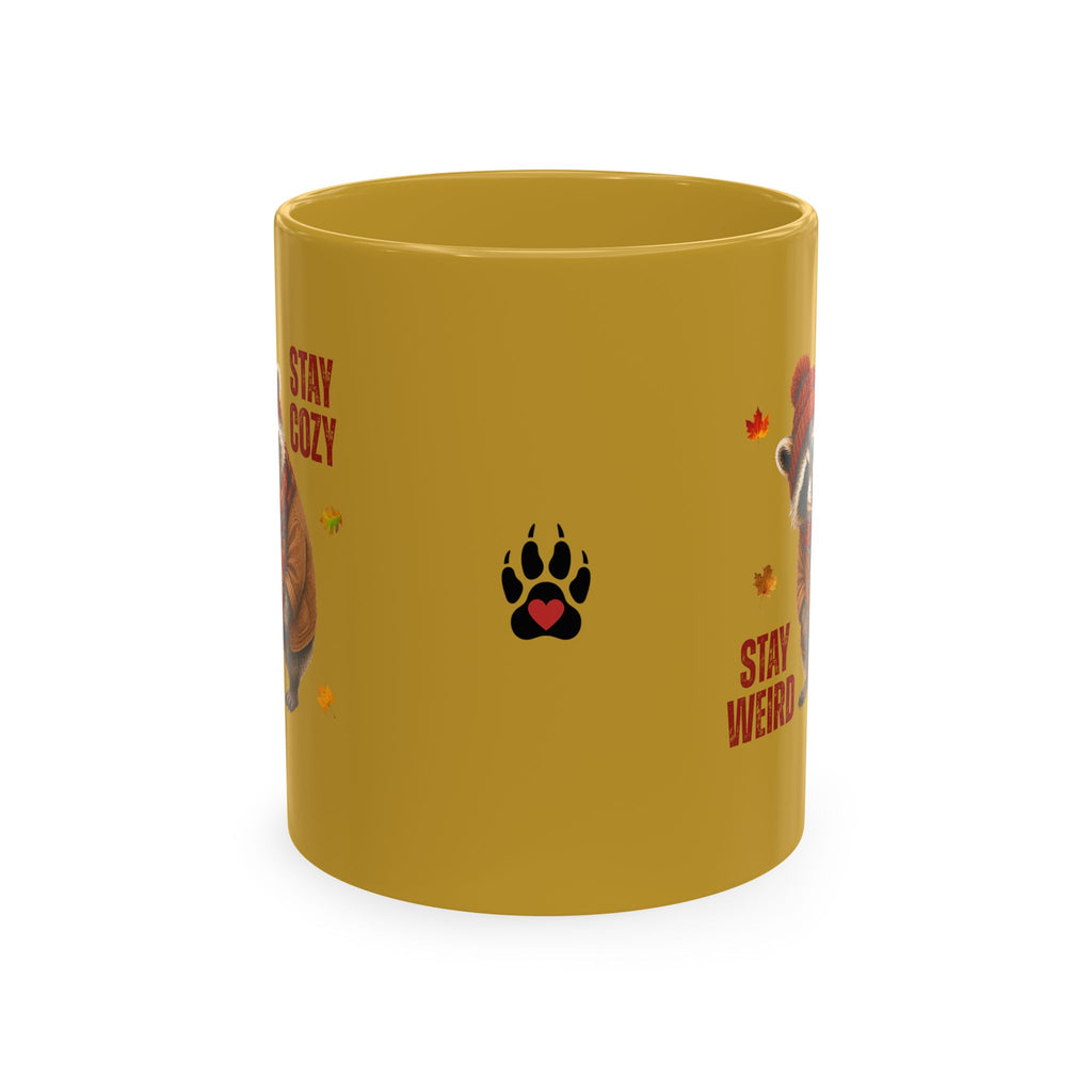 Jimothy “Stay Cozy, Stay Weird” Fall Raccoon Mug, 11 oz