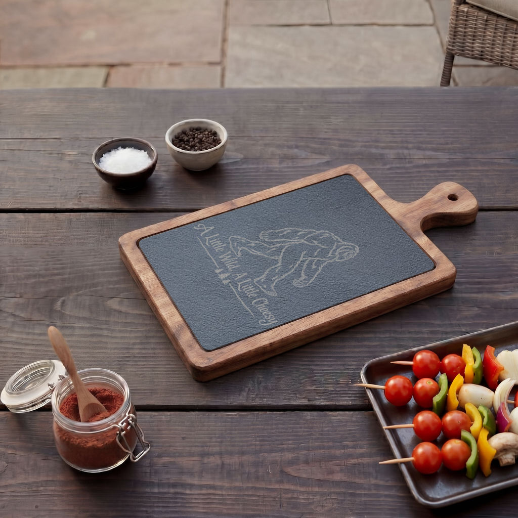 Bigfoot Charcuterie Board | A Little Wild, A Little Cheesy | Engraved Slate & Acacia Wood Cheese Board