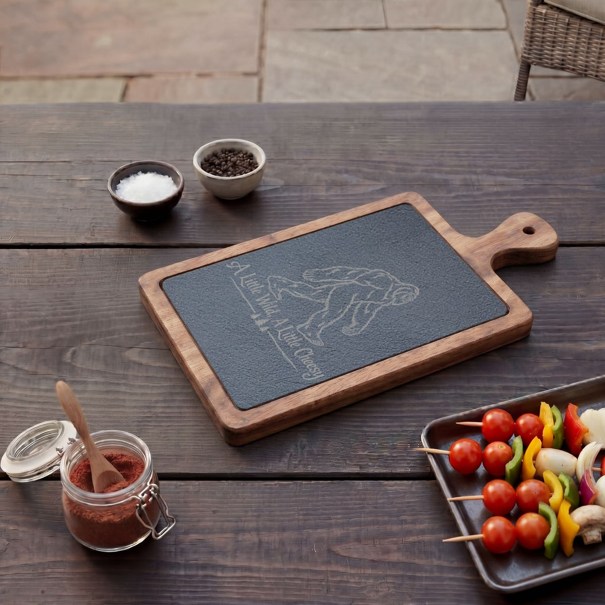 Bigfoot Charcuterie Board | A Little Wild, A Little Cheesy | Engraved Slate & Acacia Wood Cheese Board