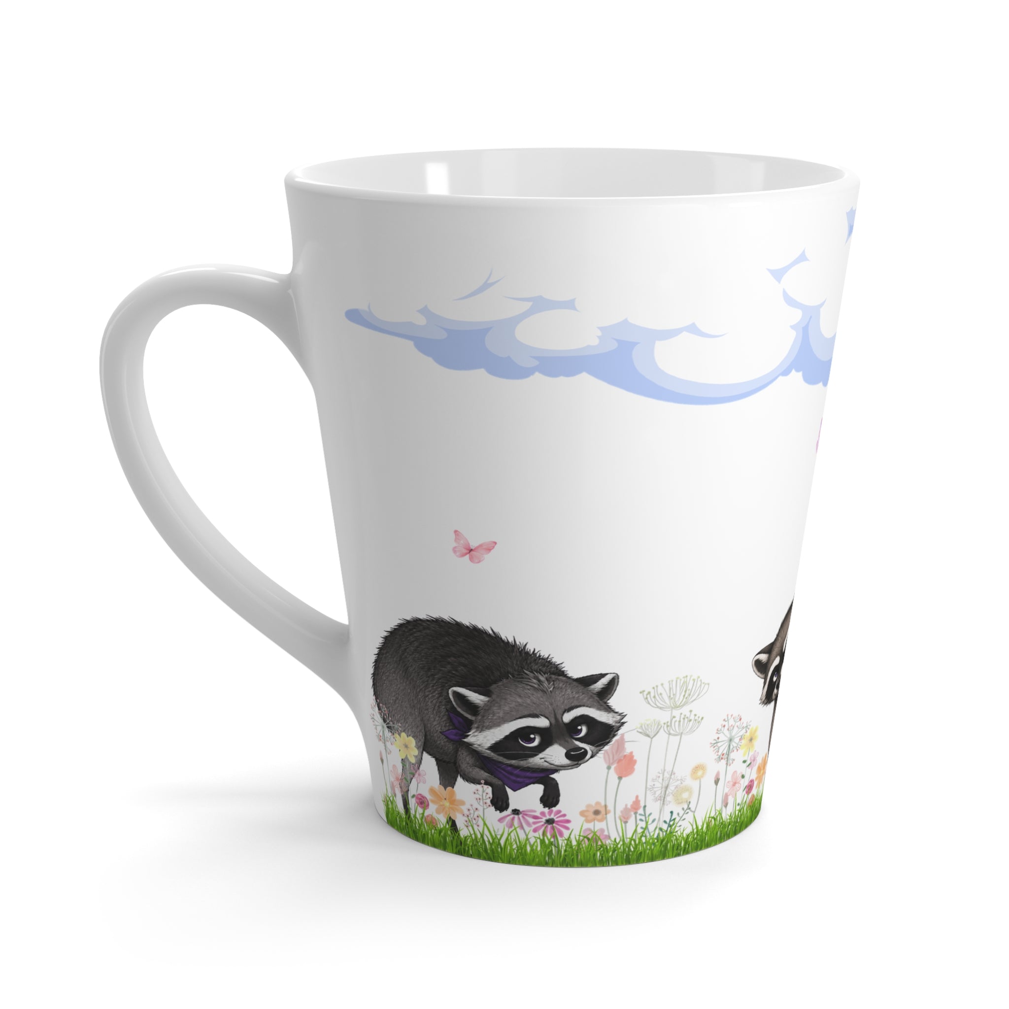 Jimothy’s Wildflower Morning 12 oz Latte Mug – Whimsical Raccoon Coffee Cup