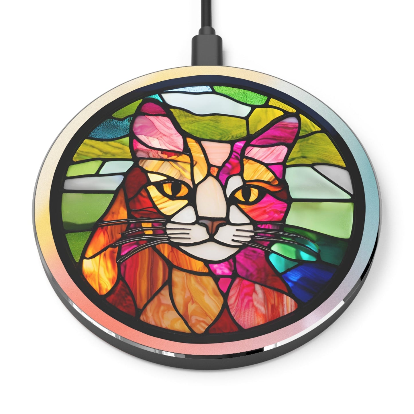 Stained Glass Cat Wireless Charger - Fast Charging Pad for Cat Lovers Printify