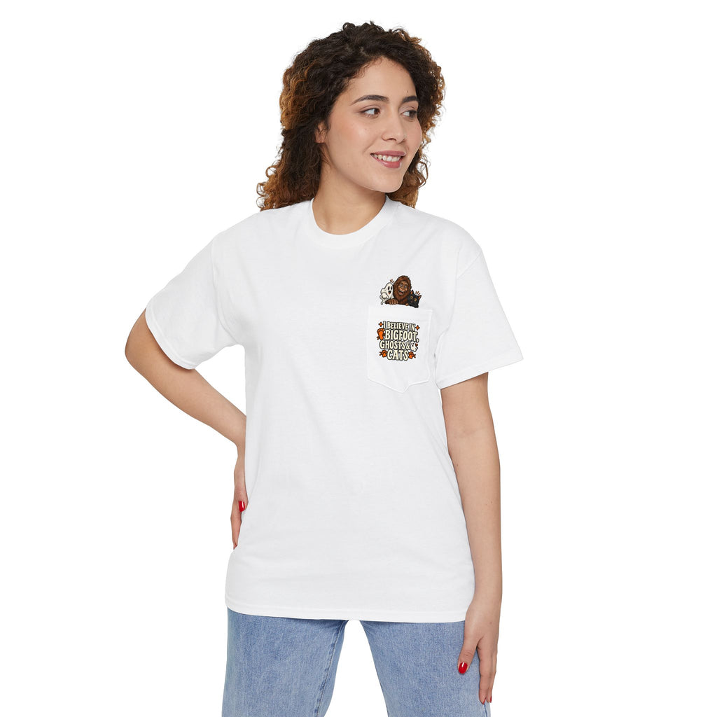 I Believe in Bigfoot, Ghosts & Cats Pocket T-Shirt