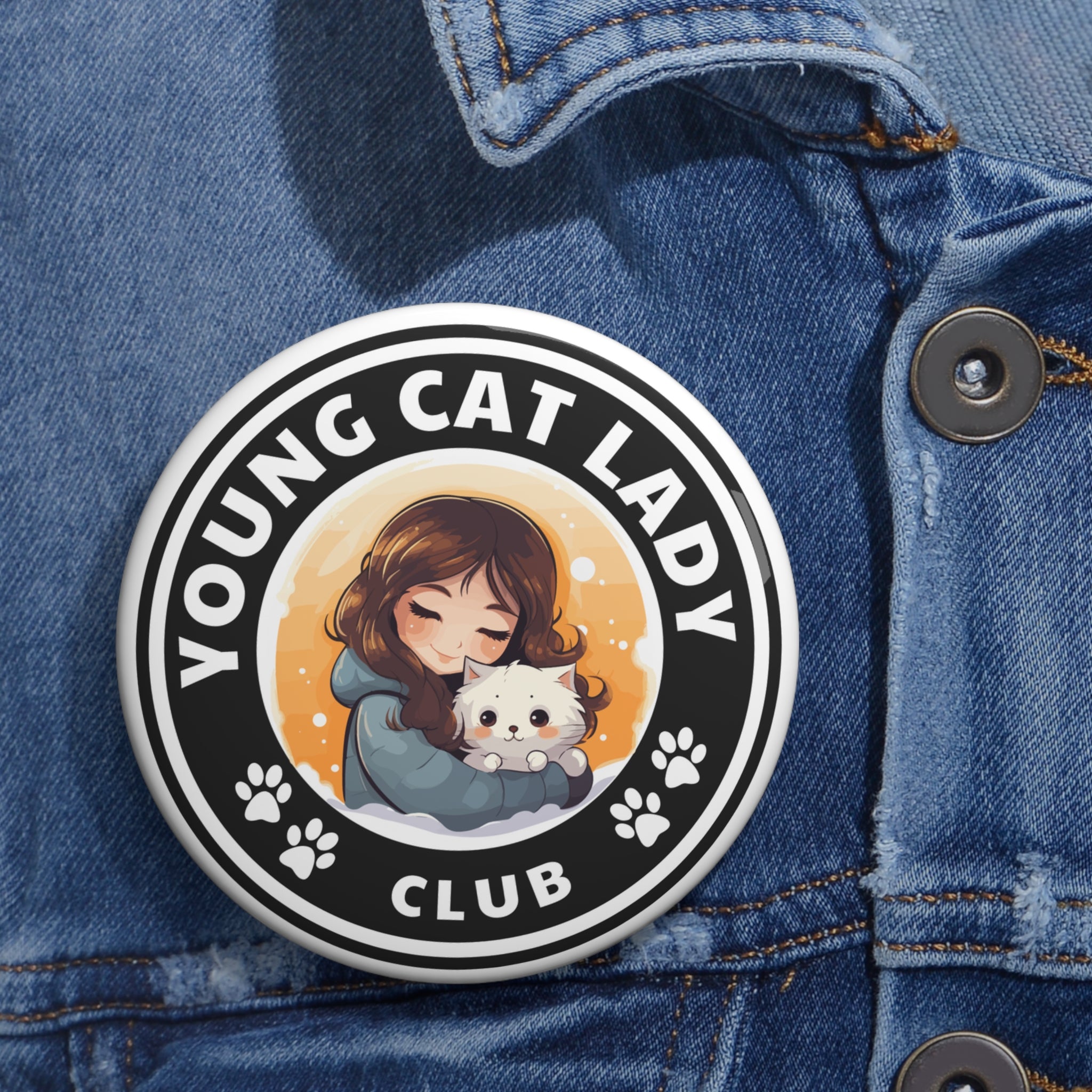 Photo depicting the ​Young Cat Lady Club Pin Buttons from EpiAl's Shop.