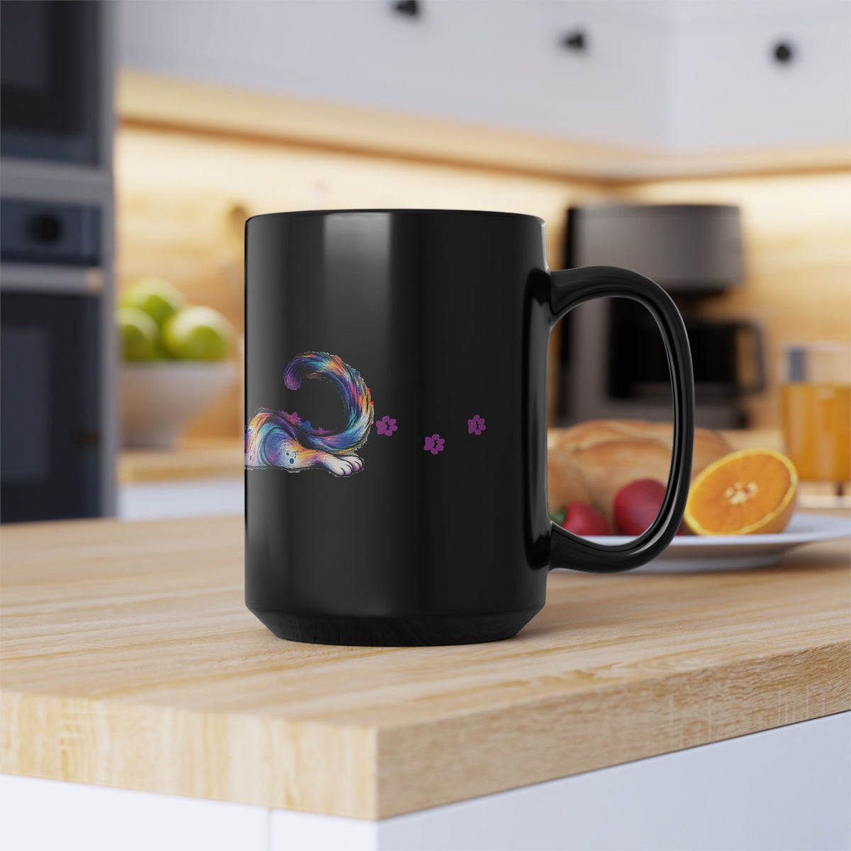 Colorful Stretching Cat Black Ceramic Mug | Whimsical Cat Lover Gift (11oz/15oz)