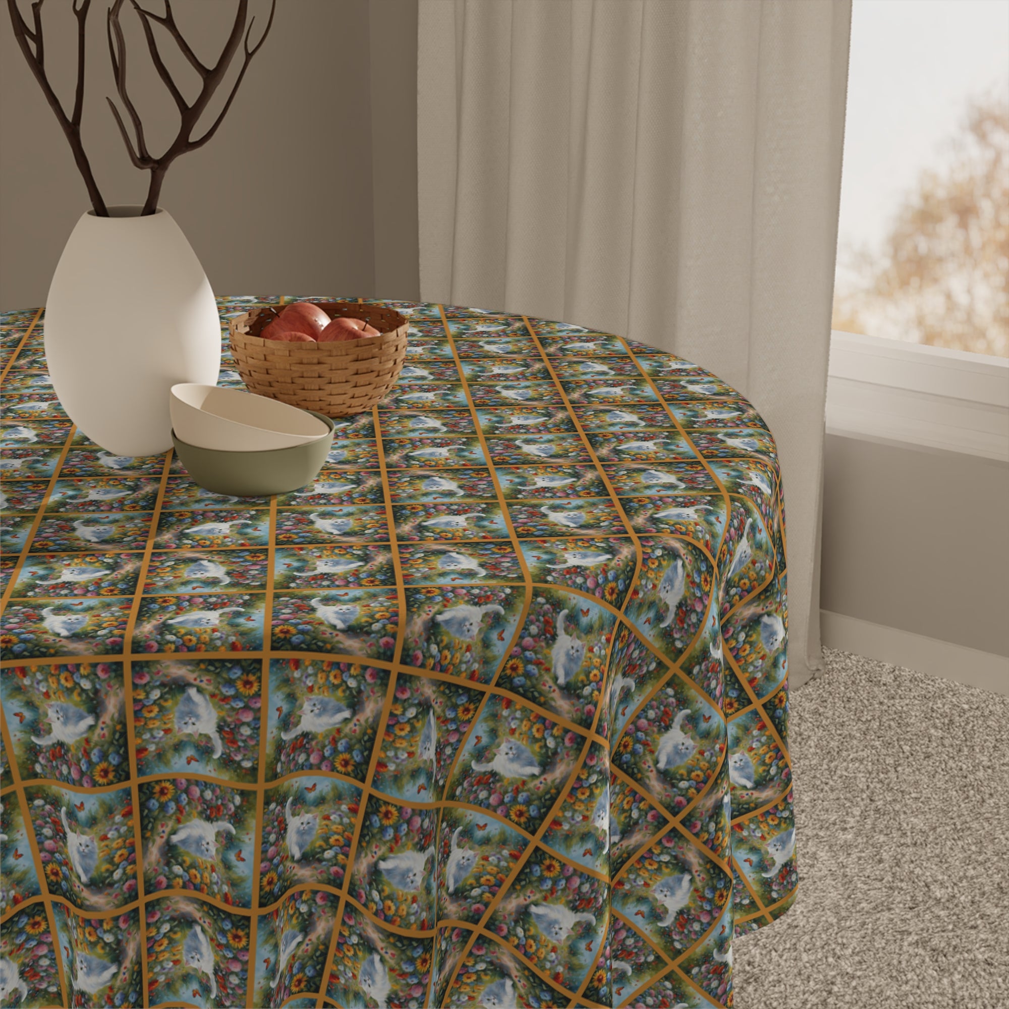 White Spring Kitties Tablecloth
