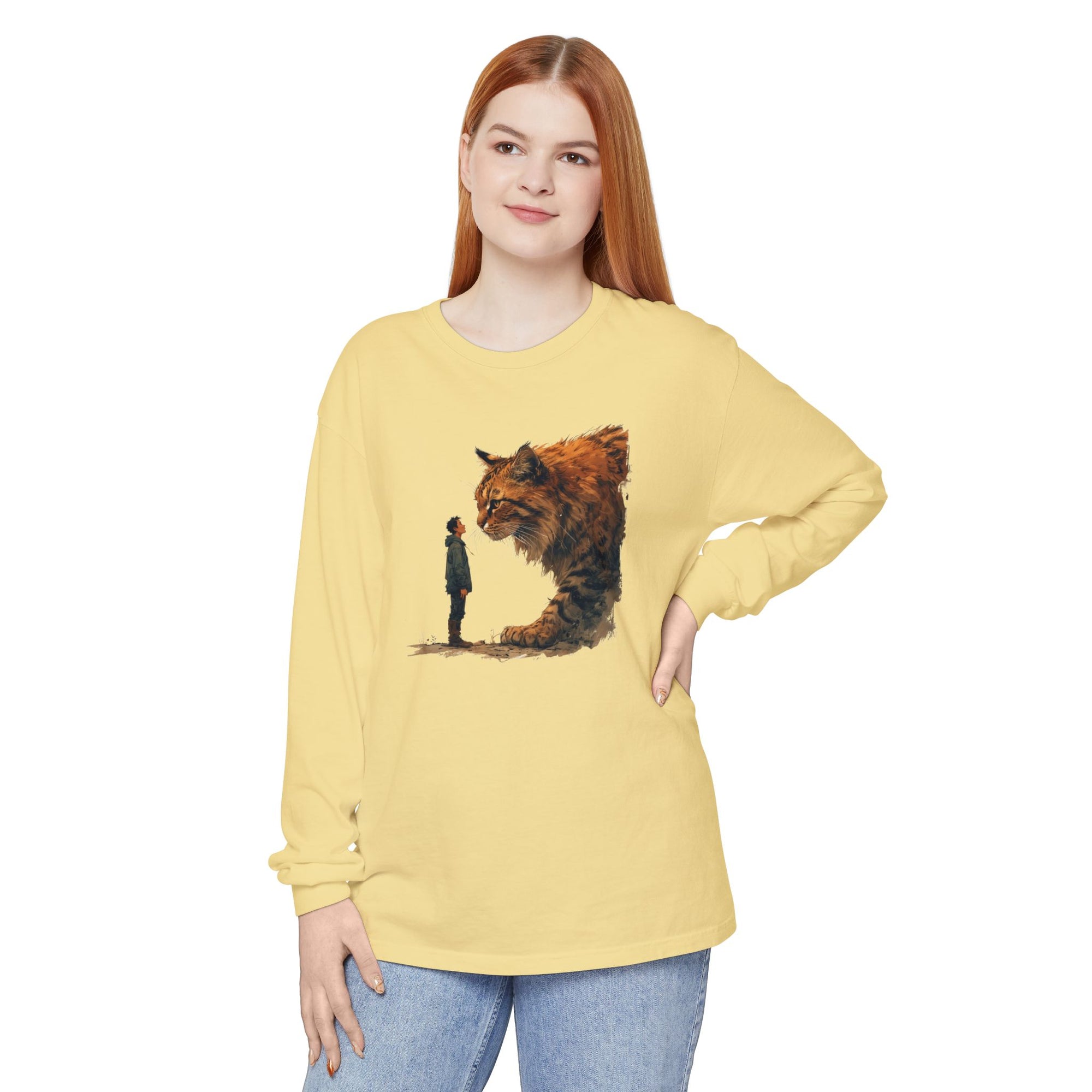 Whimsical Long Sleeve T-Shirt with Giant Cat Design