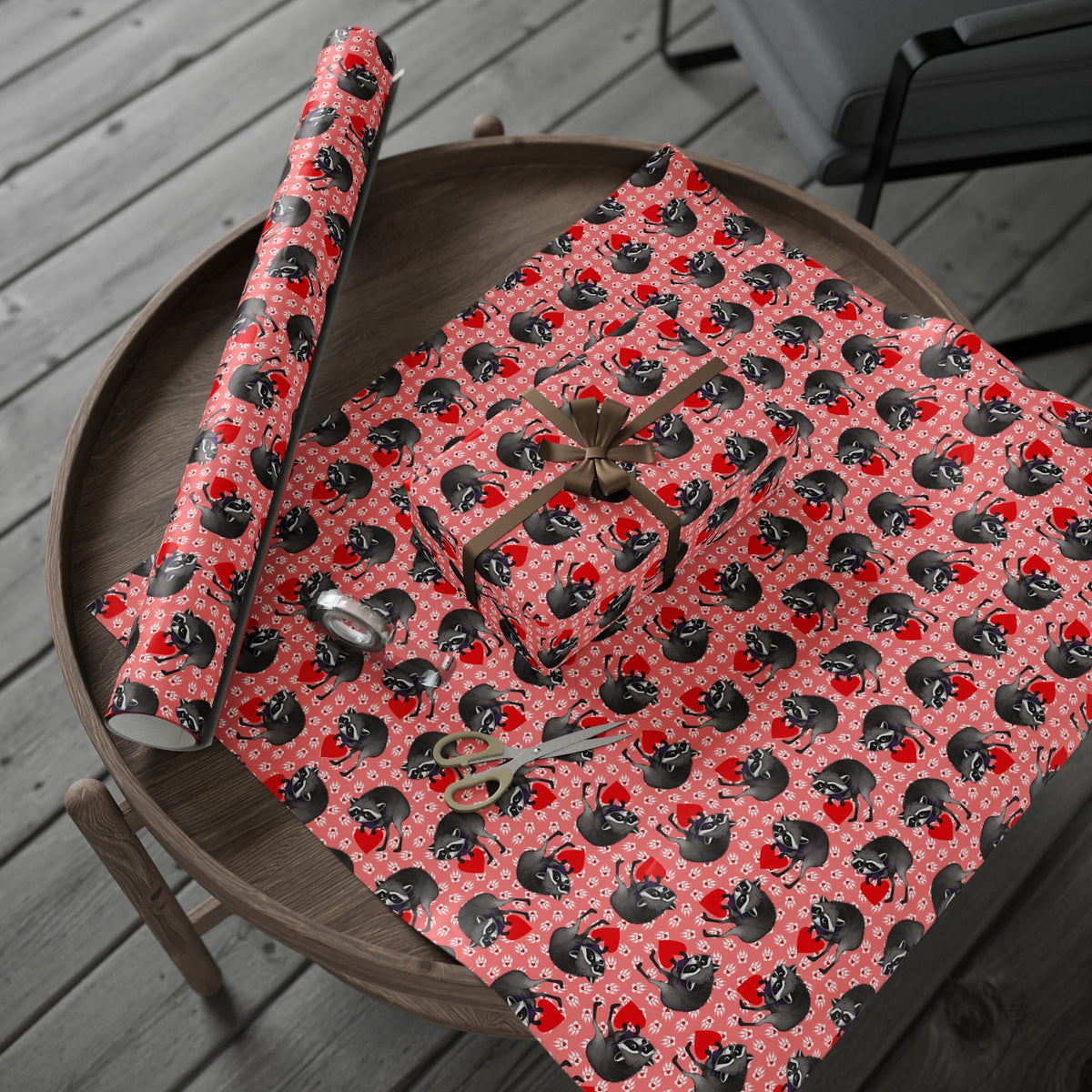 Jimothy's Love & Mischief Gift Wrapping Paper | Raccoon Hearts & Paw Prints