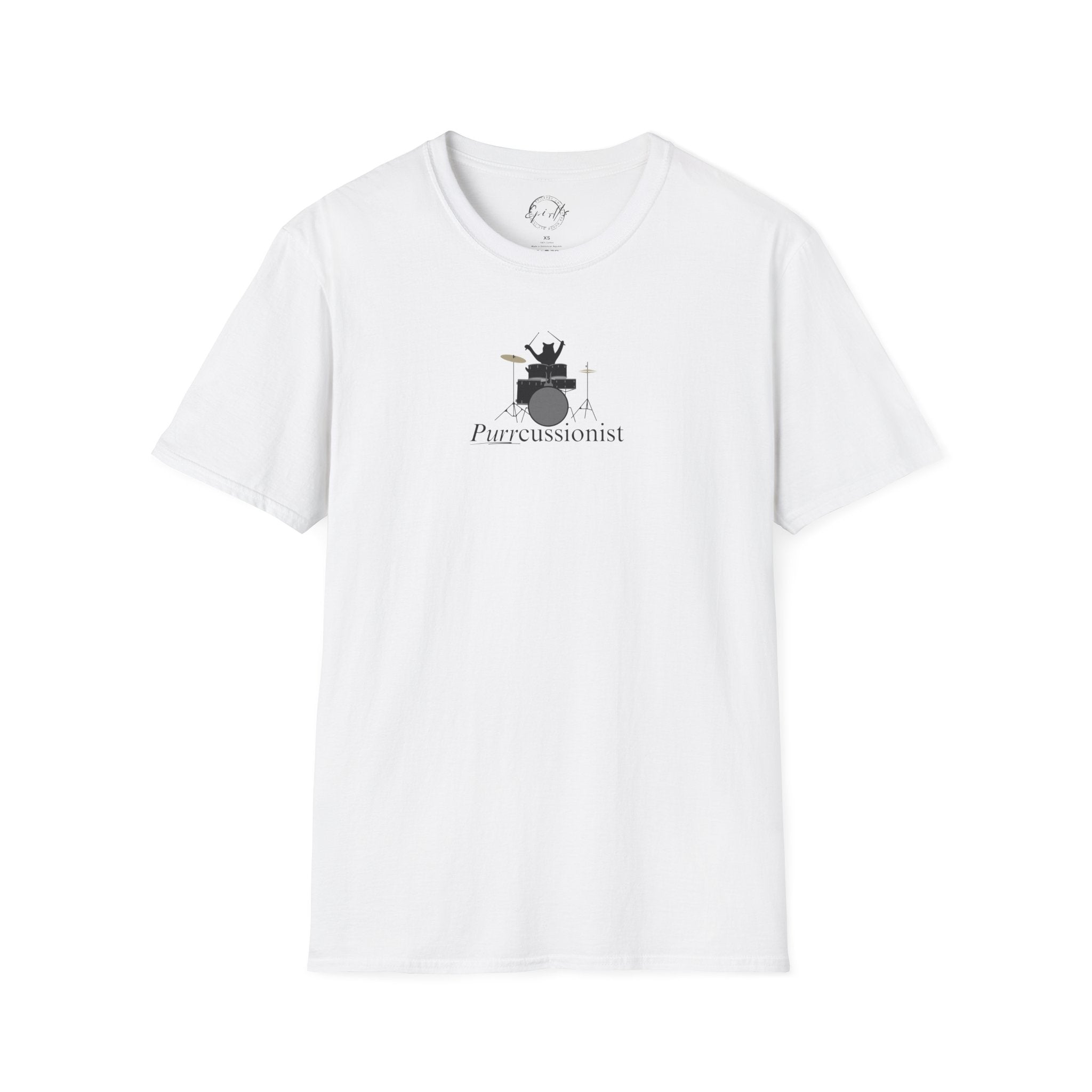 Photo depicting the ​Purrcussionist Unisex Softstyle T-Shirt from EpiAl's Shop.