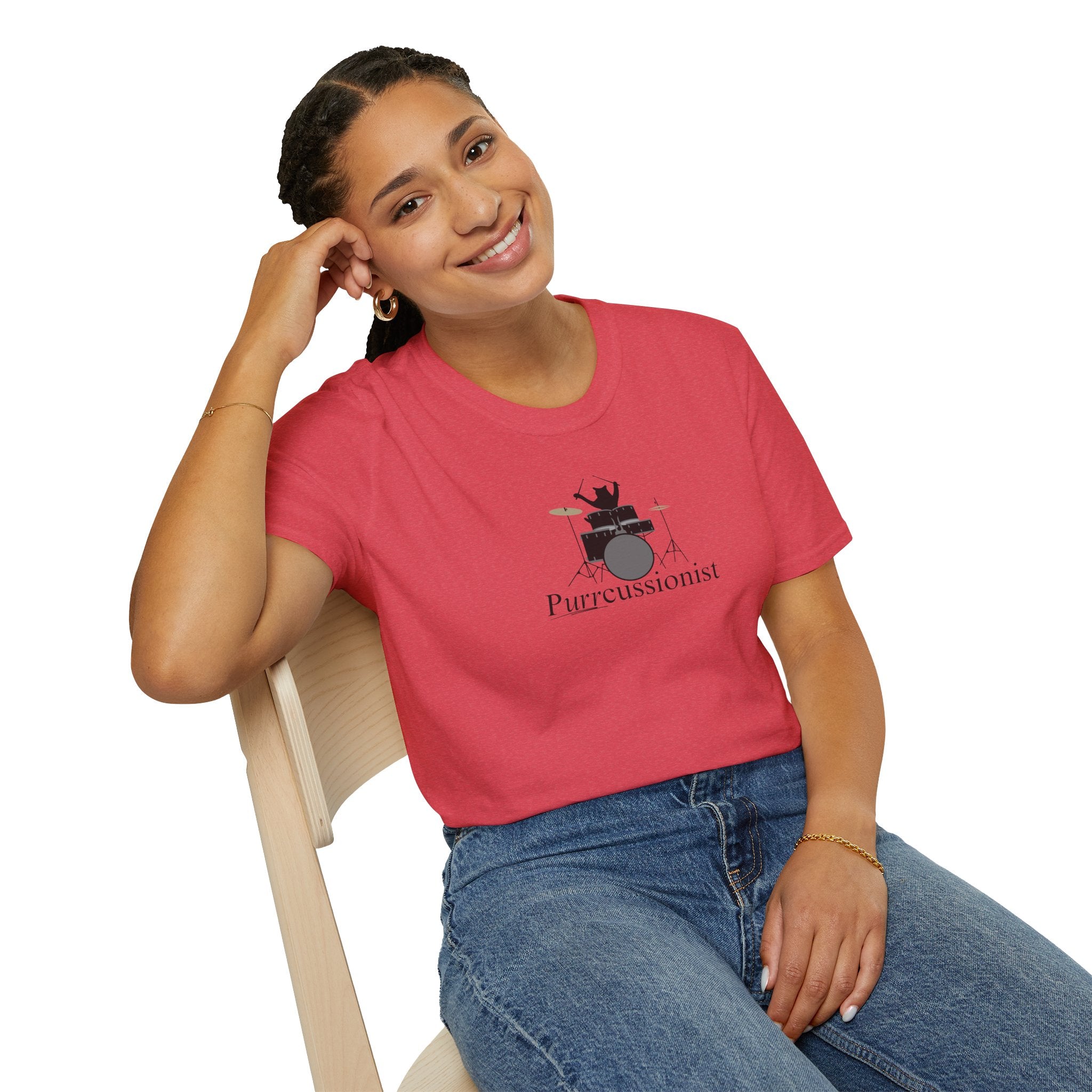 Photo depicting the ​Purrcussionist Unisex Softstyle T-Shirt from EpiAl's Shop.