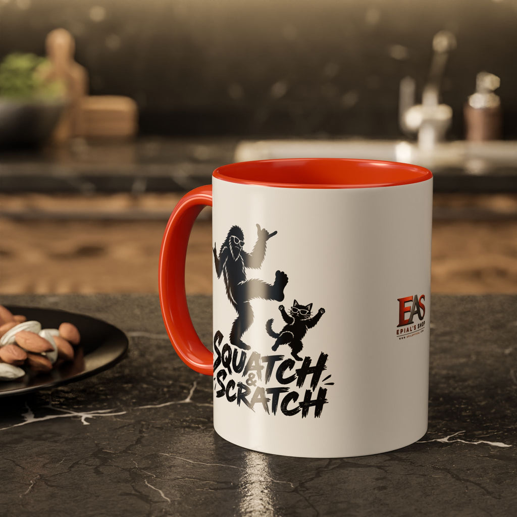 Squatch & Scratch Bigfoot and Cat Coffee Mug | Funny Sasquatch Ceramic Mug | 11oz & 15oz