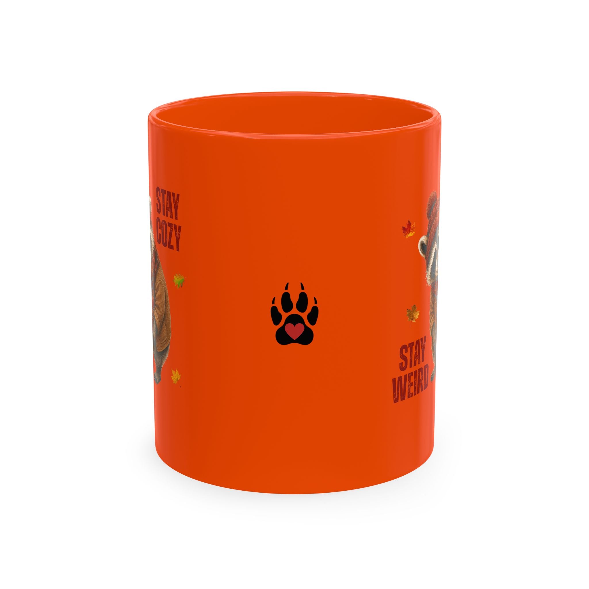Jimothy “Stay Cozy, Stay Weird” Fall Raccoon Mug, 11 oz