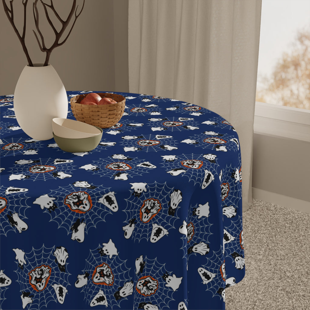 Ghost Cat Spiderweb Halloween Tablecloth | Navy Spooky Cat Table Decor