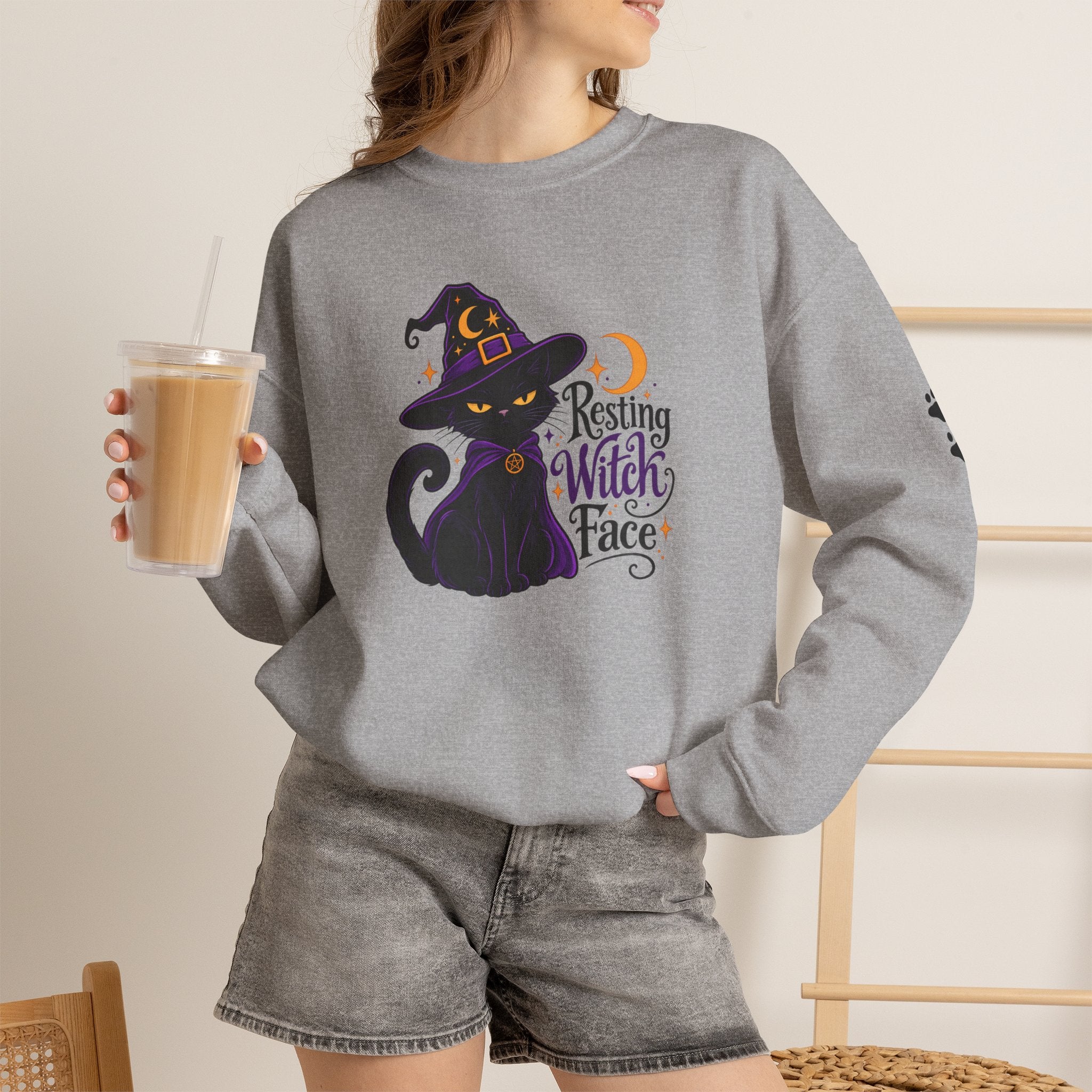Resting Witch Face Cat Sweatshirt | Halloween Witch Cat Crewneck