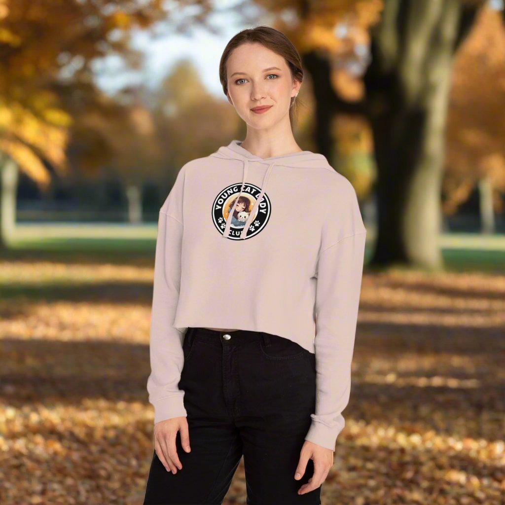 Photo depicting the ​Young Cat Lady Club Women’s Cropped Hooded Sweatshirt from EpiAl's Shop.