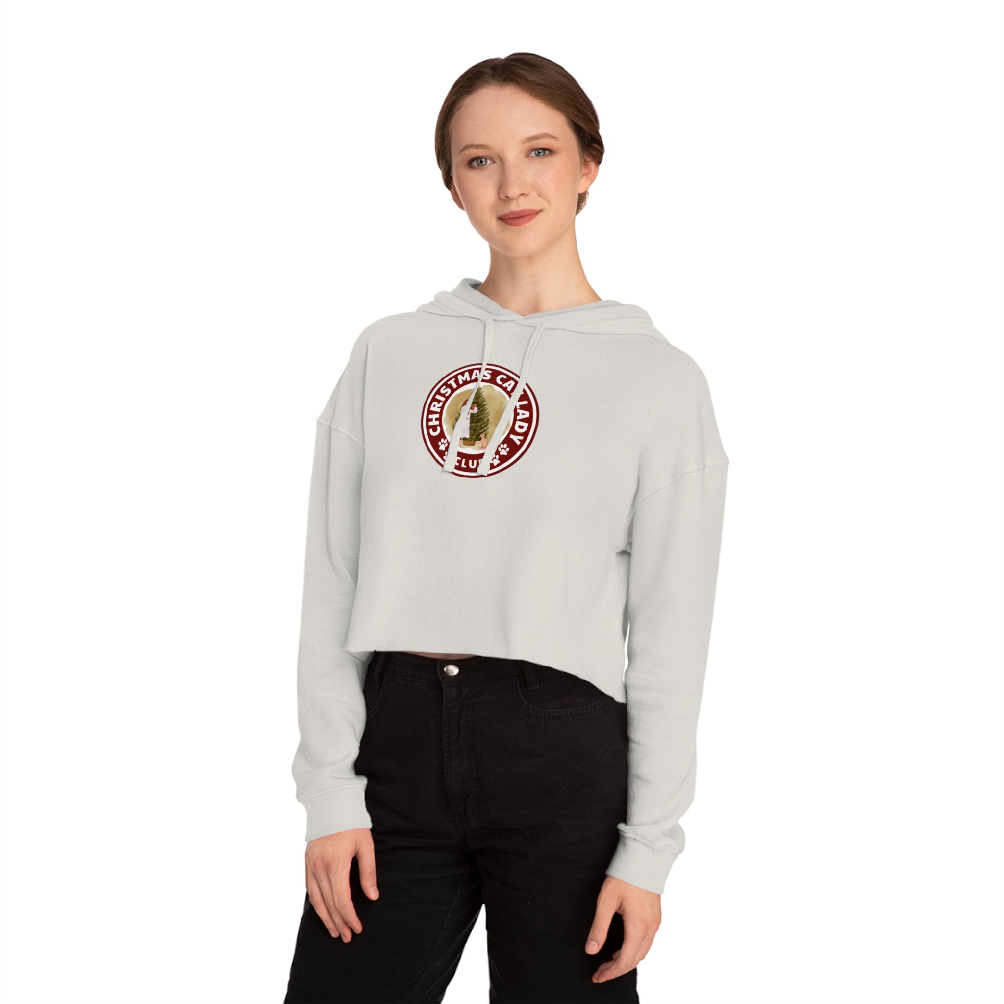 Photo depicting the ​Christmas Cat Lady Club Women’s Cropped Hooded Sweatshirt from EpiAl's Shop.