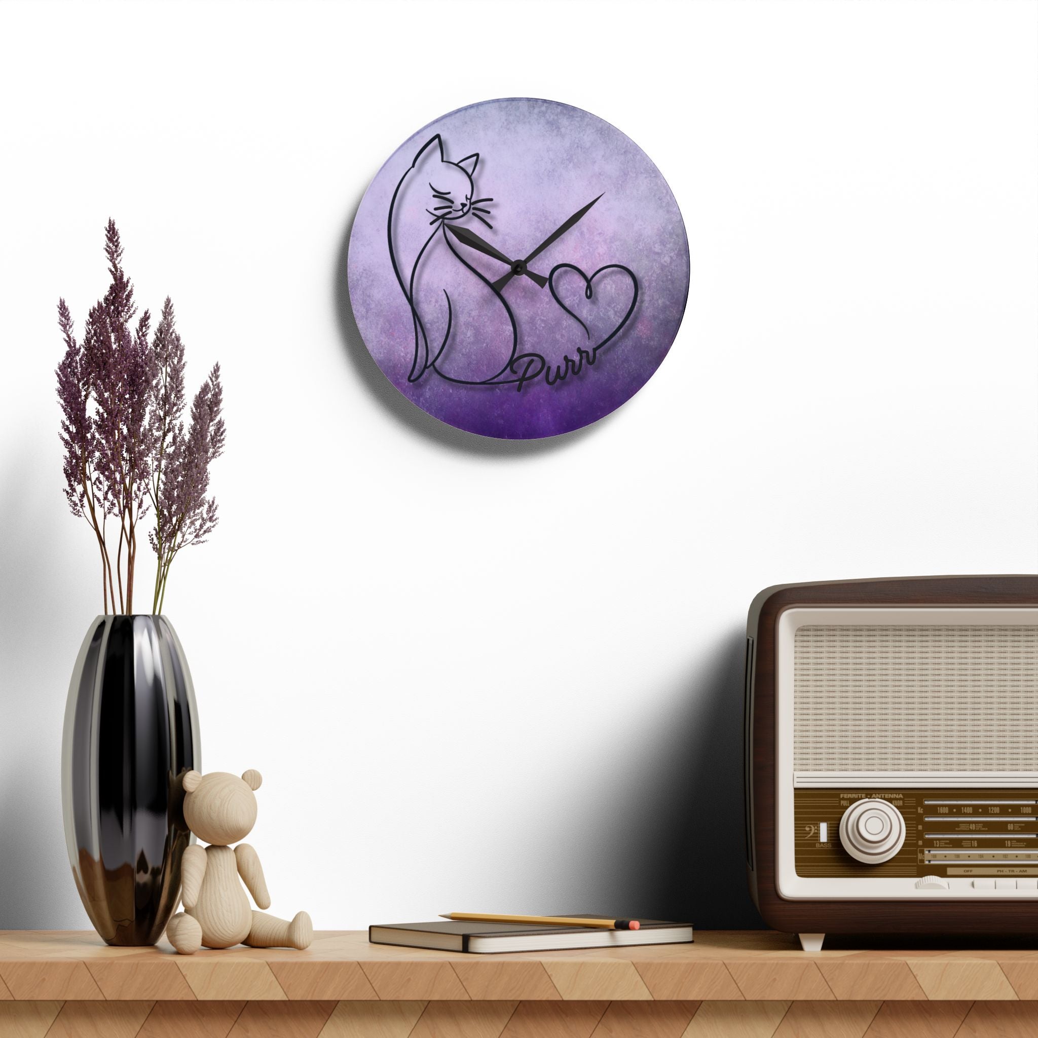 Purr Cat Heart Acrylic Wall Clock – Minimalist Cat Lover Decor