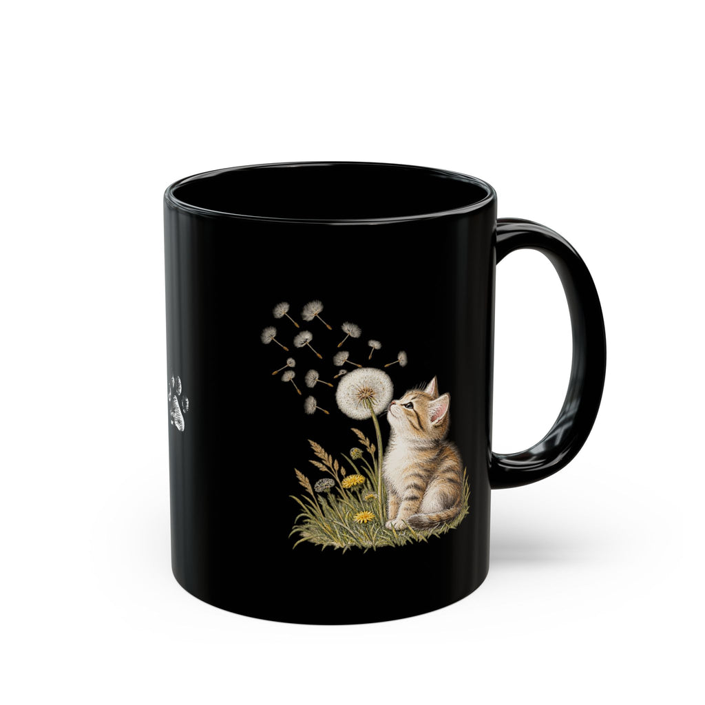 Kitten & Dandelion Black Ceramic Mug | Cat Lover Coffee Cup | 11oz & 15oz
