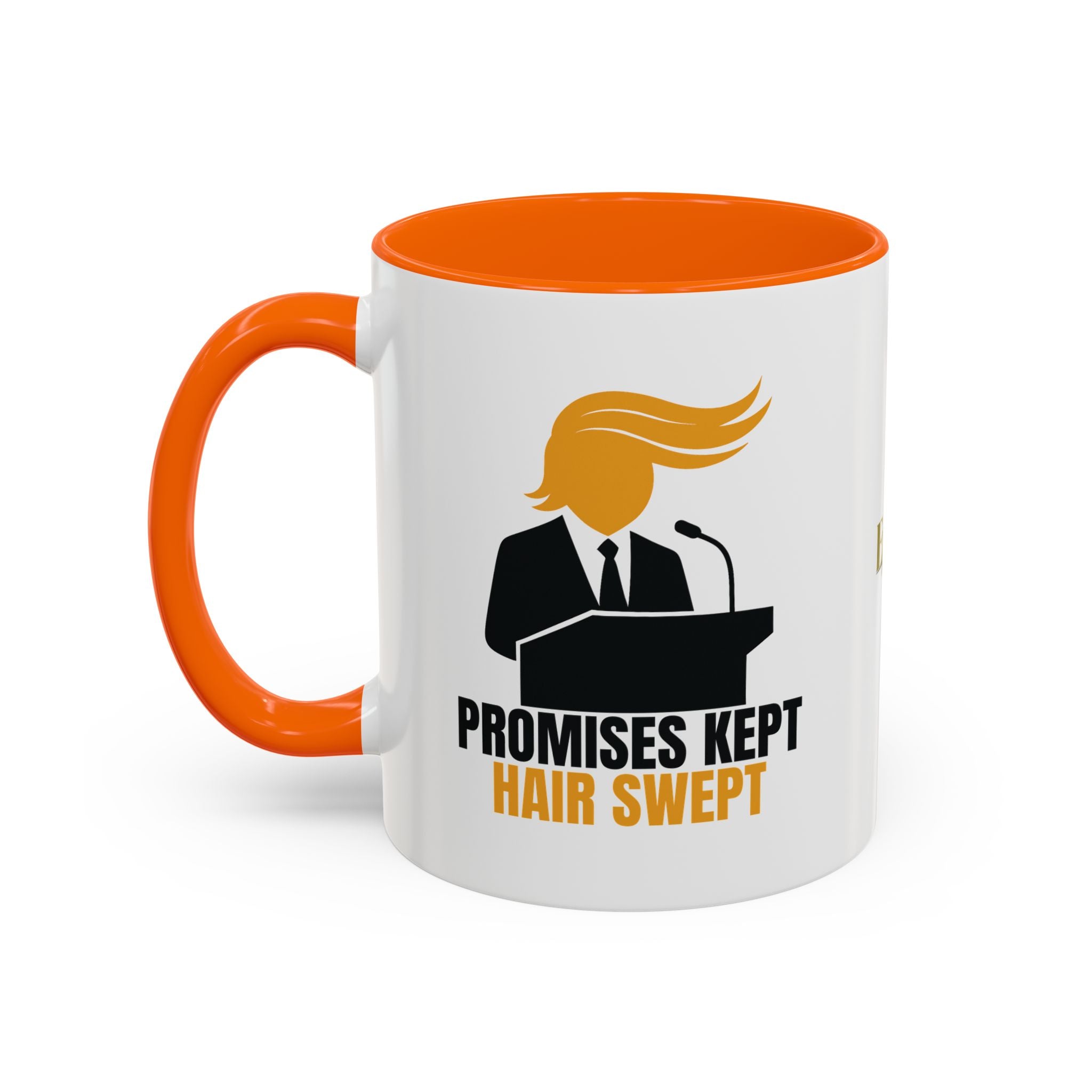 Promises Kept, Hair Swept — Two-Tone Coffee Mug (Political Parody)