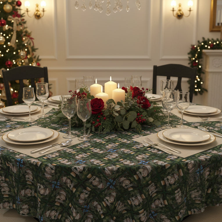 Photo depicting the ​Ornaments are History Christmas Tablecloth from EpiAl's Shop.