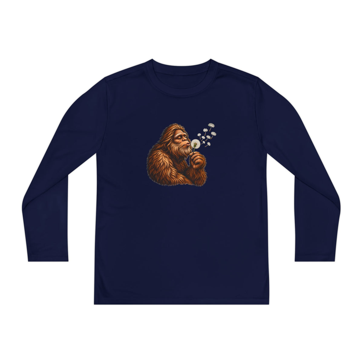 Bigfoot Blowing Dandelion Youth Long Sleeve Tee | Kids Sasquatch Shirt