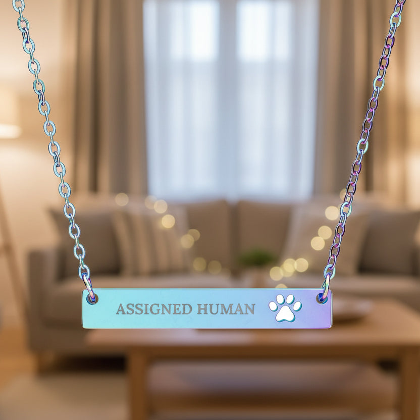 Assigned Human Bar Necklace | Cat Love Engraved Necklace