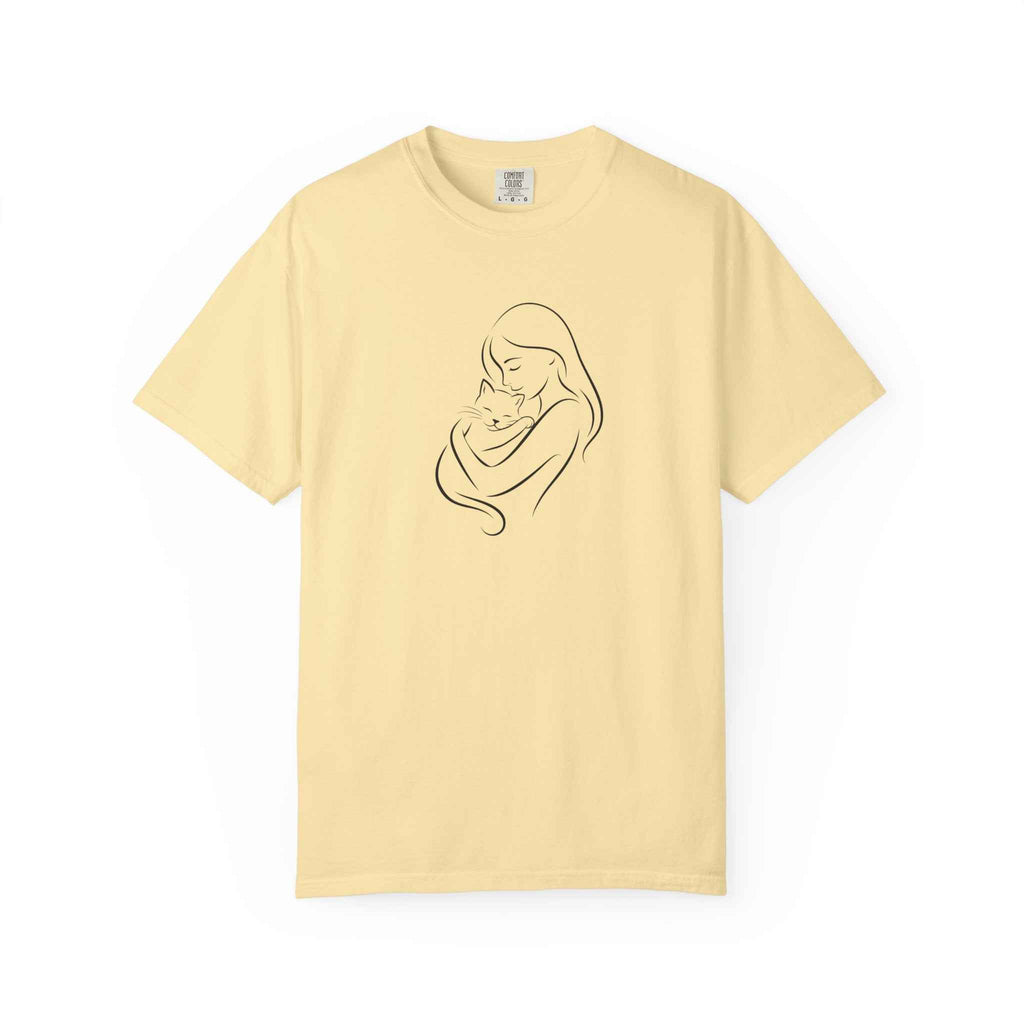 Mother & Cat Embrace T-Shirt | Minimal Line Art Cat Mom Shirt