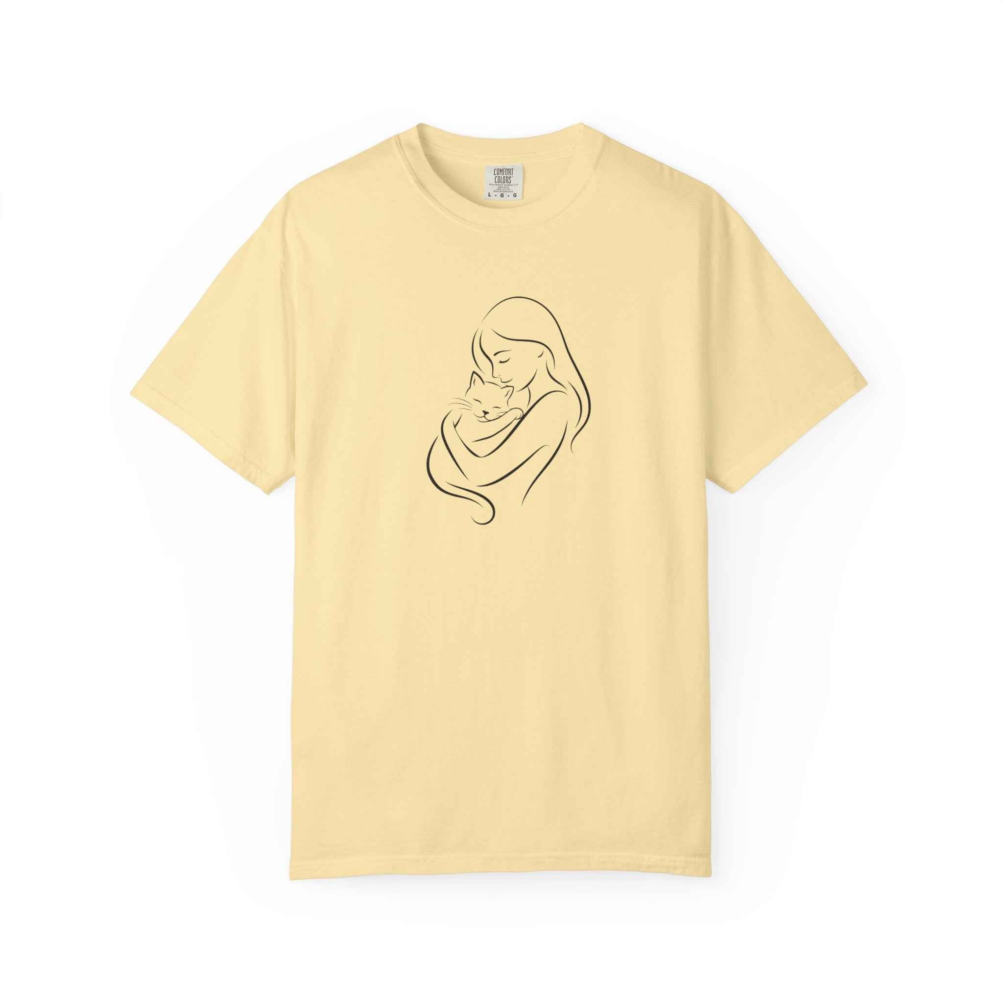 Mother & Cat Embrace T-Shirt | Minimal Line Art Cat Mom Shirt
