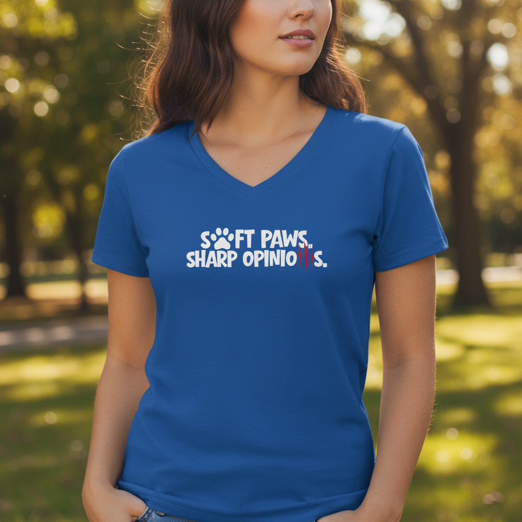 Soft Paws, Sharp Opinions Women’s V-Neck Tee