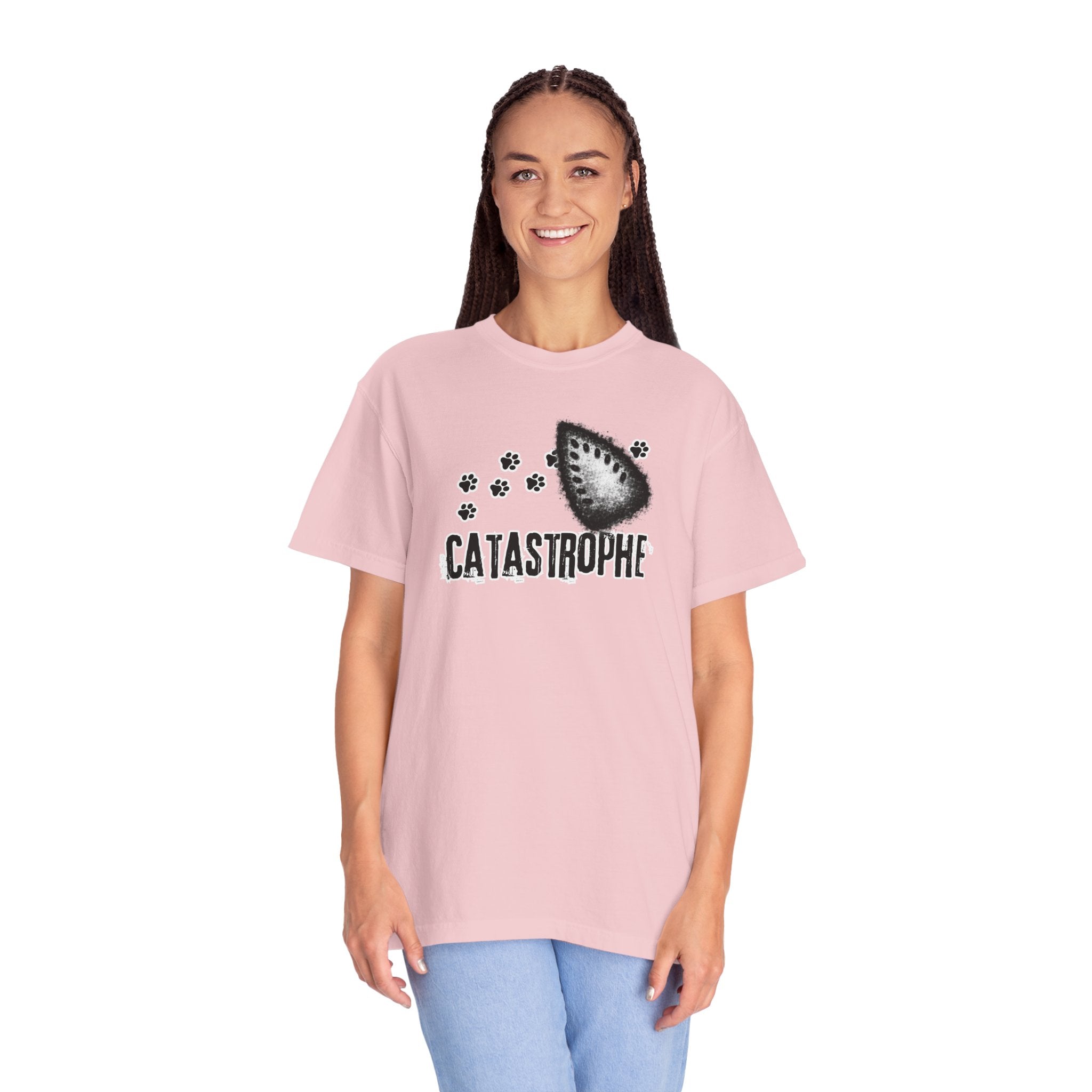 Catastrophe Iron Burn Graphic T-Shirt | Funny Cat Pun Shirt | Distressed Grunge Cat Tee