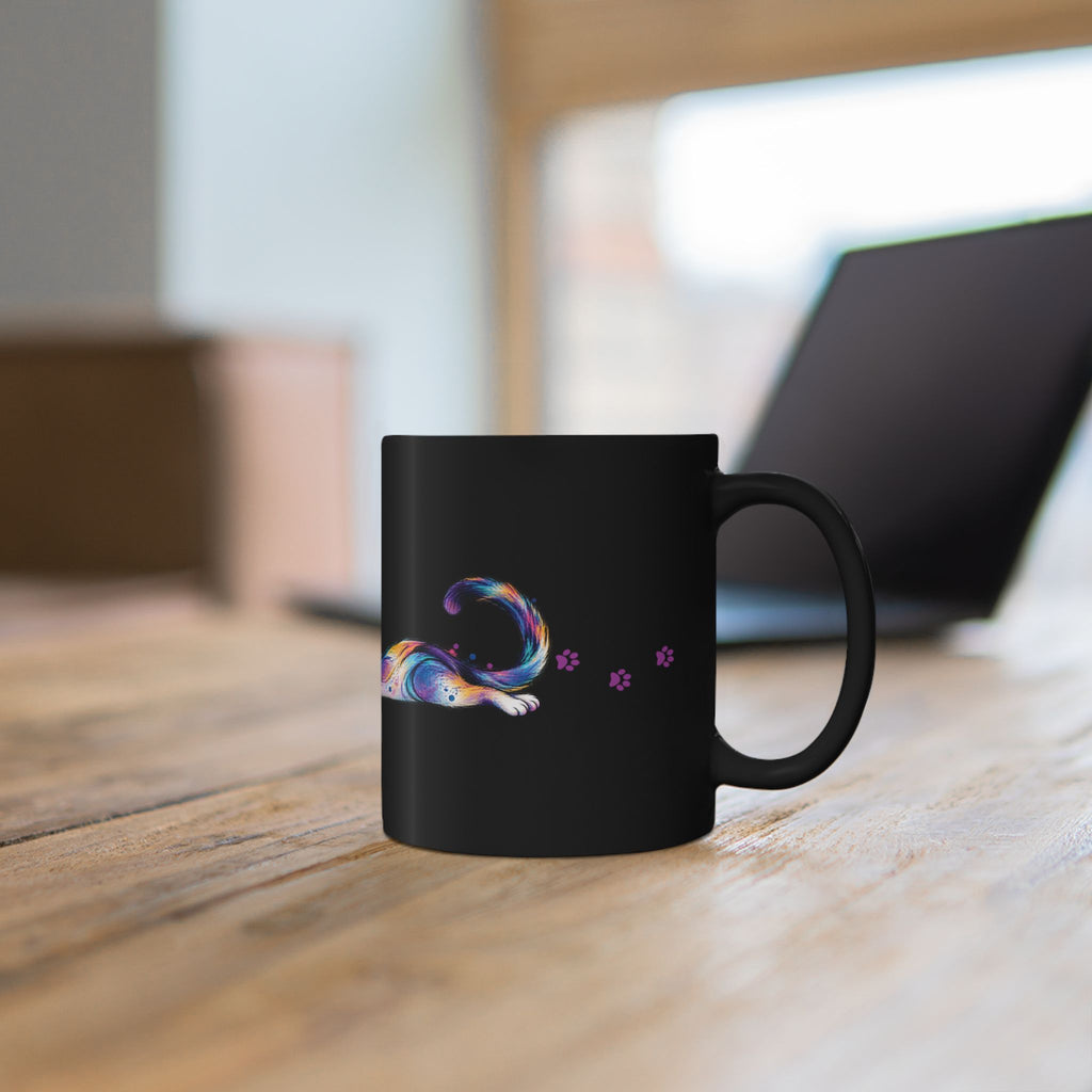 Colorful Stretching Cat Black Ceramic Mug | Whimsical Cat Lover Gift (11oz/15oz)