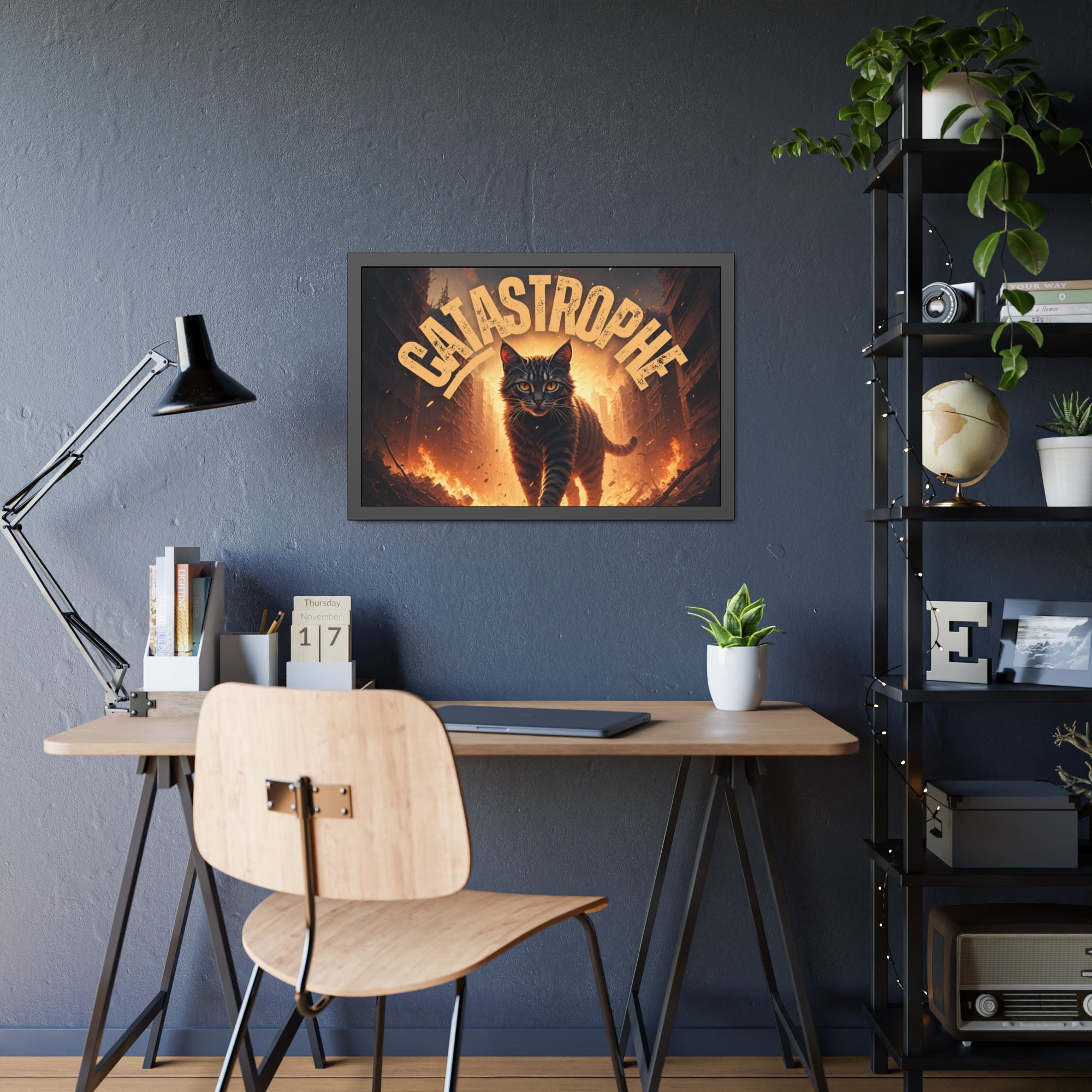 Framed Catastrophe Cat Poster Art, Quirky Cat Artwork