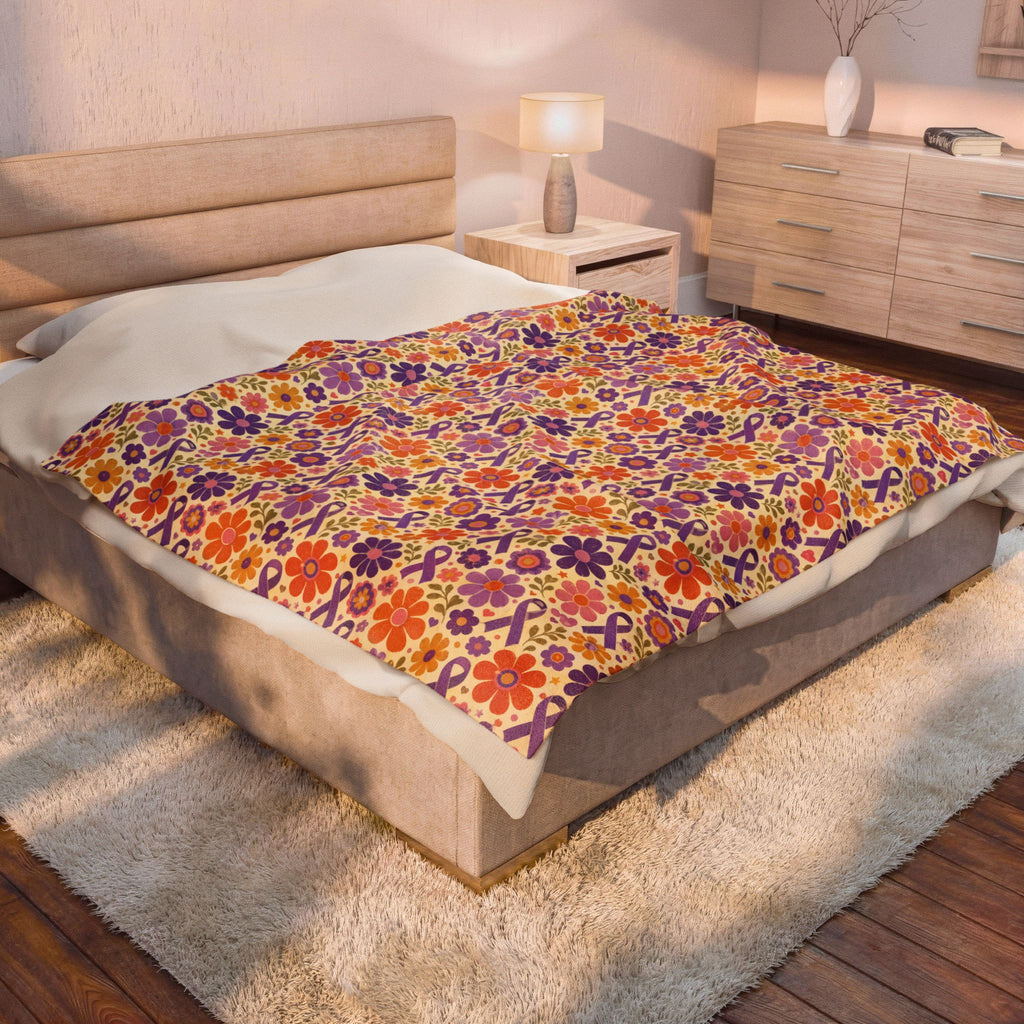 Retro Floral Epilepsy Awareness Plush Blanket | Purple Ribbon Throw
