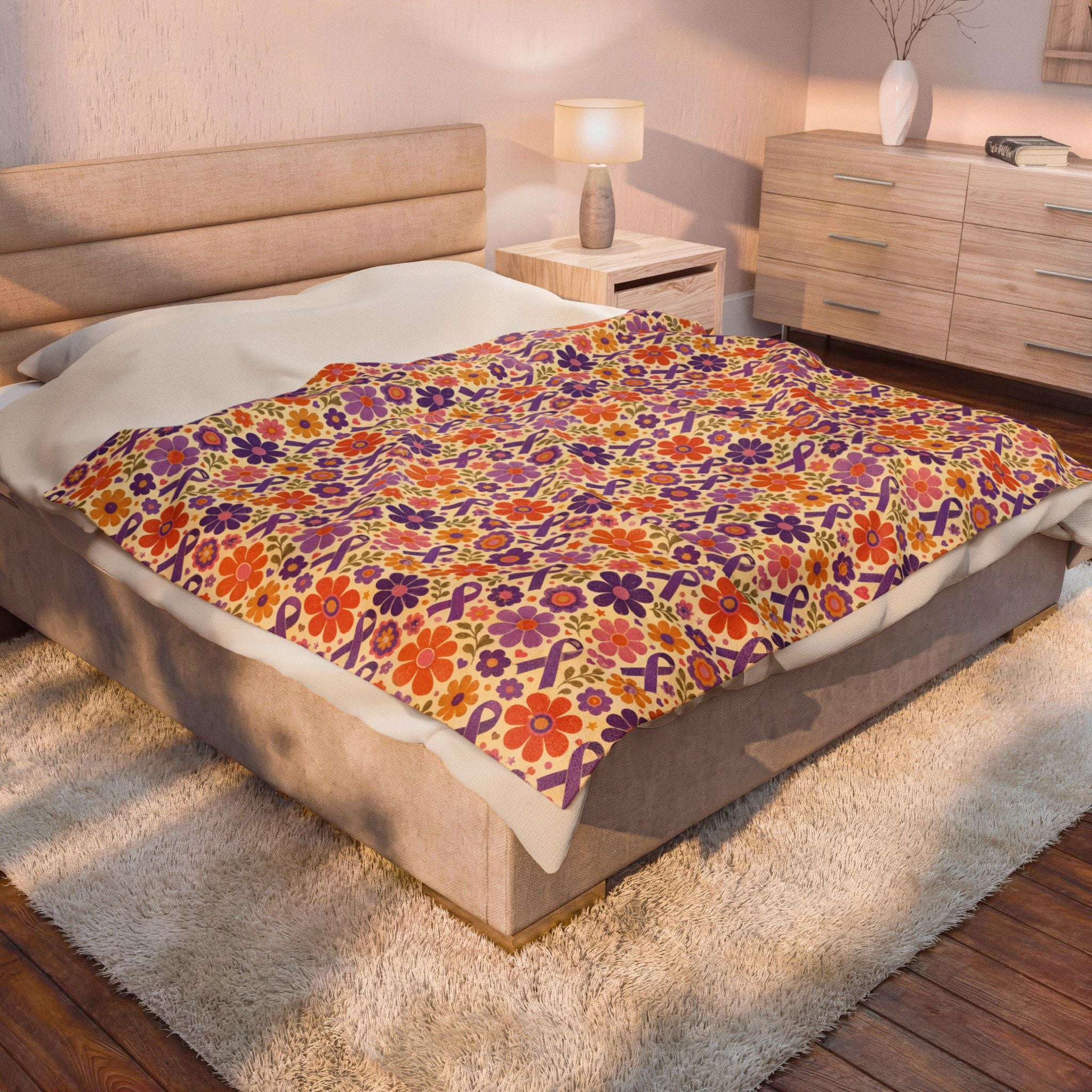 Retro Floral Epilepsy Awareness Plush Blanket | Purple Ribbon Throw
