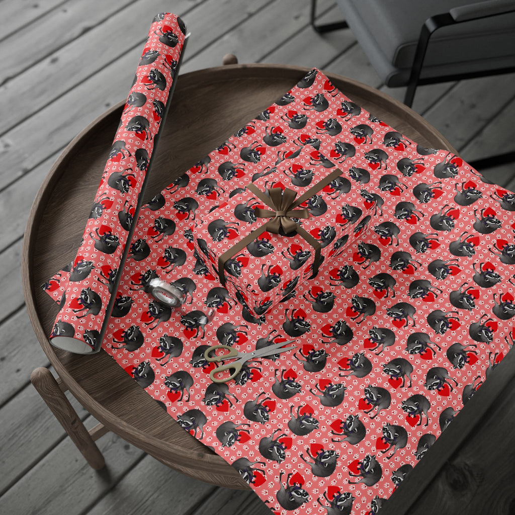Jimothy's Love & Mischief Gift Wrapping Paper | Raccoon Hearts & Paw Prints