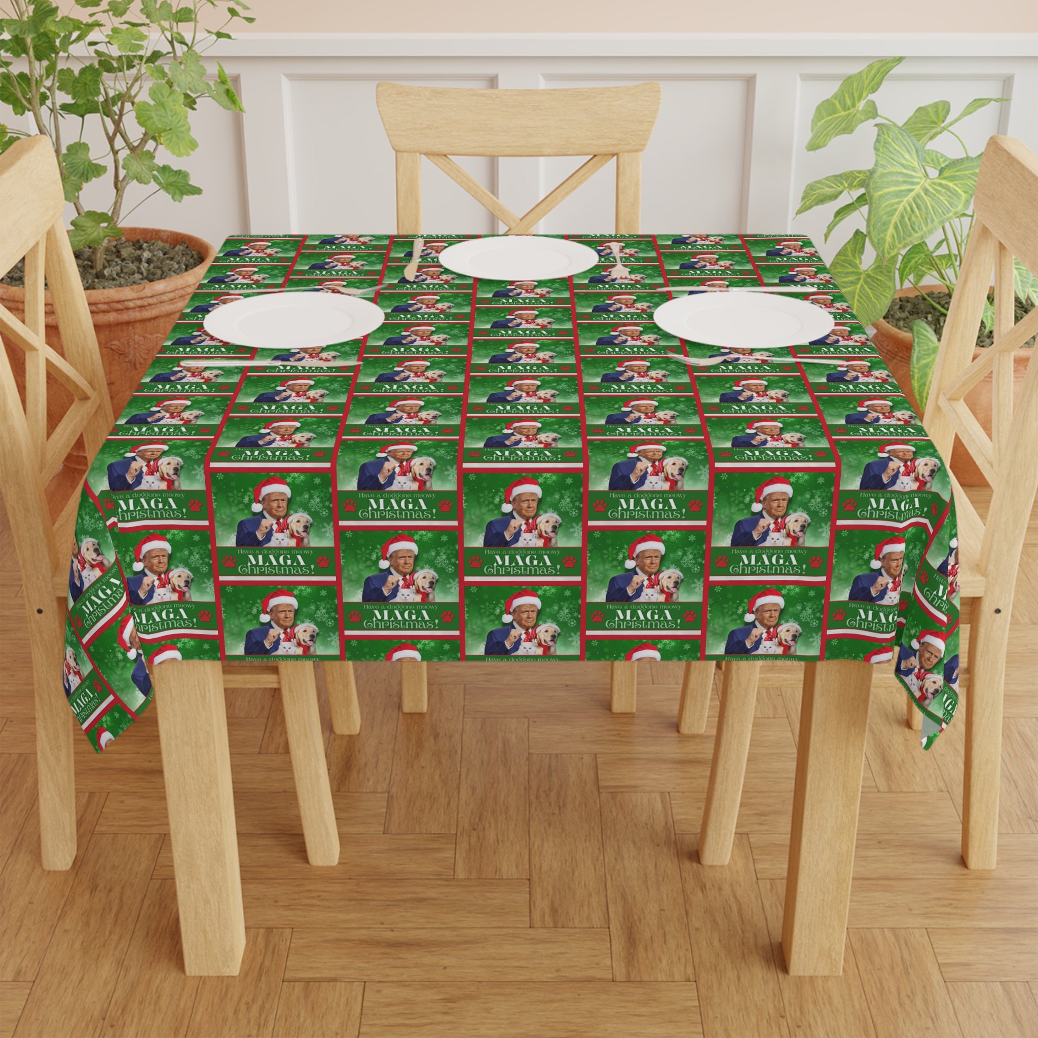 Photo depicting the ​MAGA Christmas Tablecloth from EpiAl's Shop.