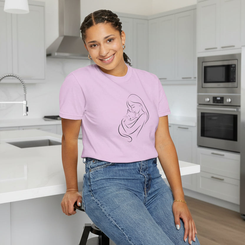 Mother & Cat Embrace T-Shirt | Minimal Line Art Cat Mom Shirt