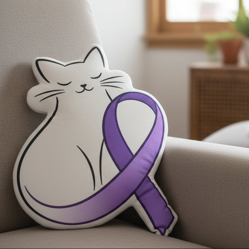 Epikitty Awareness Shaped Pillow – Purple Ribbon Cat