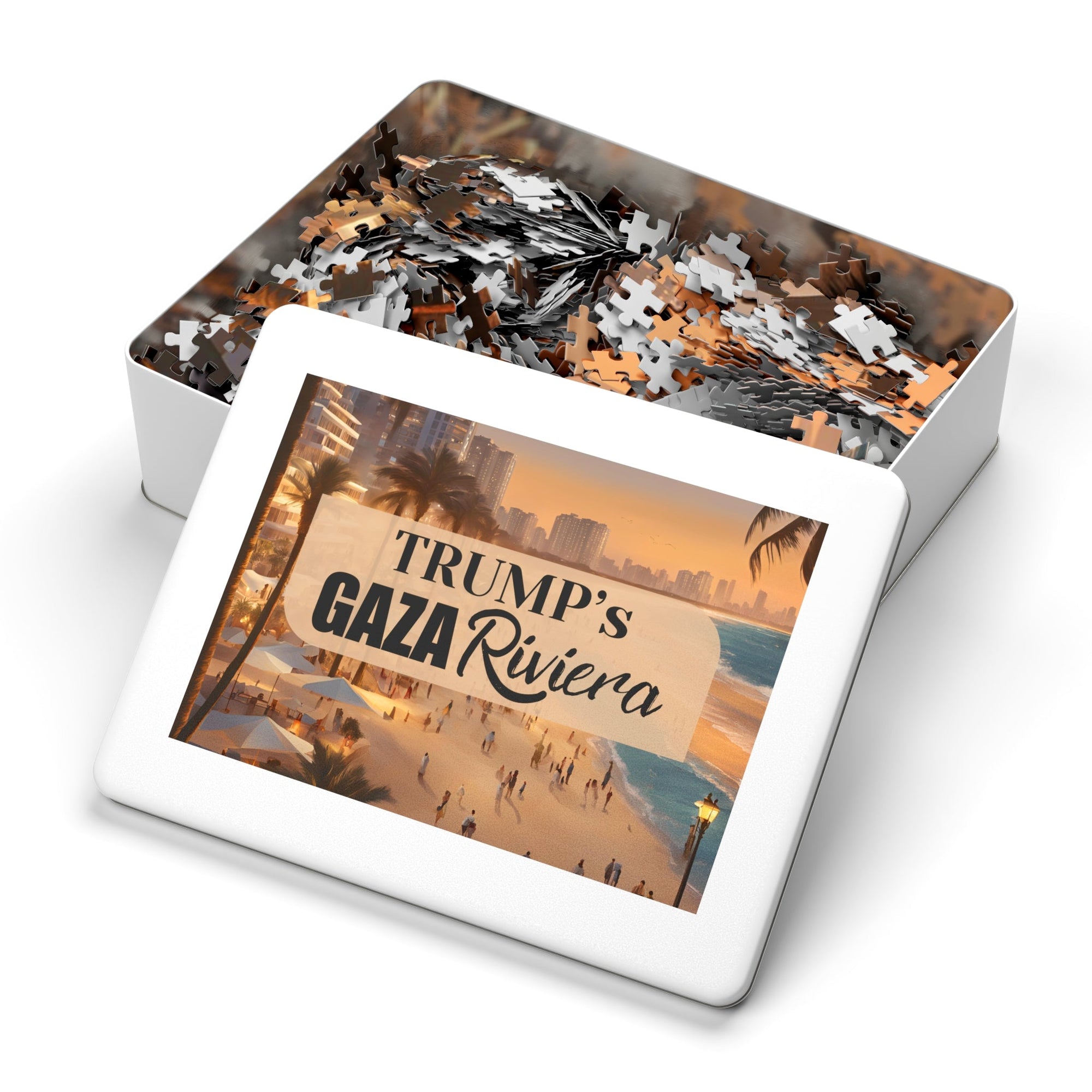 Trump's Gaza Riviera Jigsaw Puzzle with Tin Printify