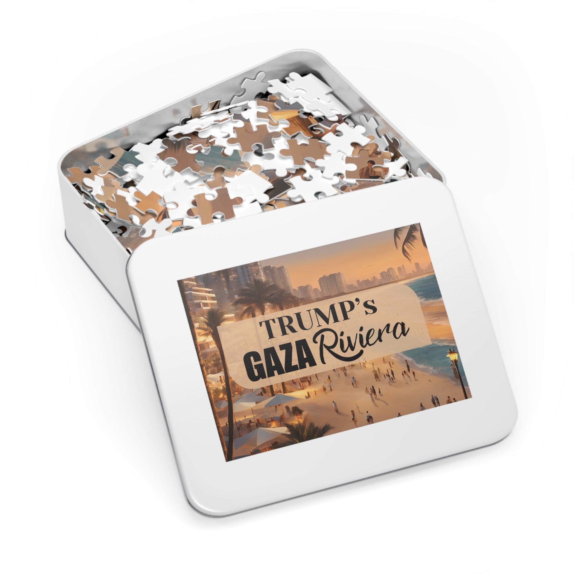 Trump's Gaza Riviera Jigsaw Puzzle with Tin Printify