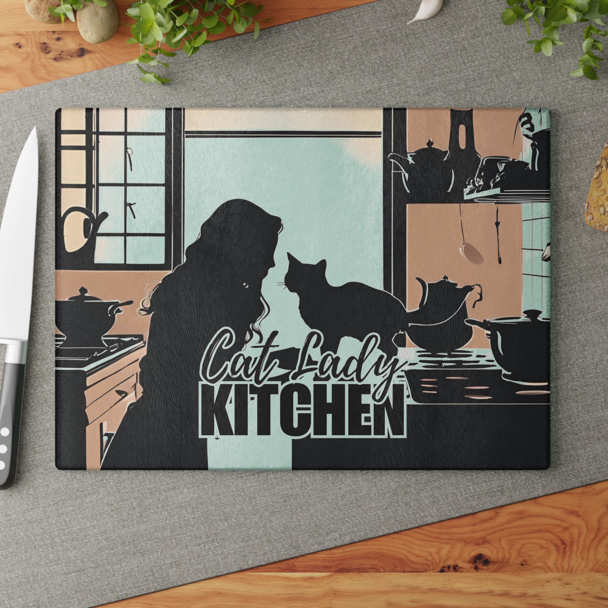 Photo depicting the ​Cat Lady Kitchen Glass Cutting Board from EpiAl's Shop.