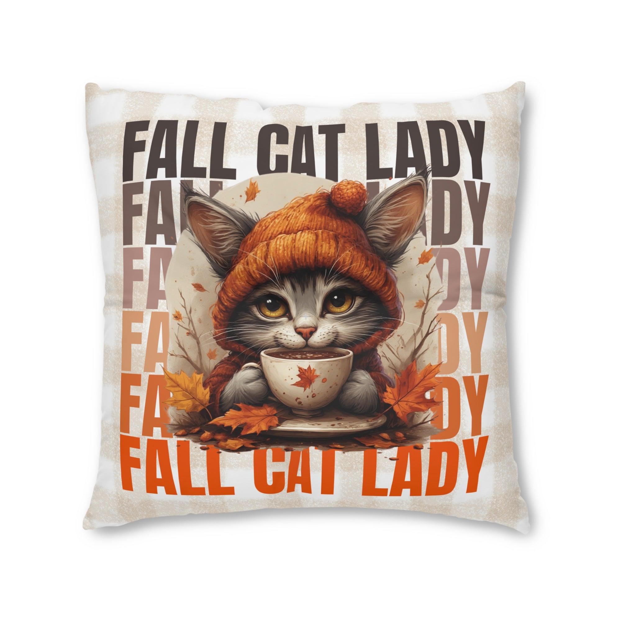 Fall Cat Lady Tufted Floor Pillow, Cozy Home Decor